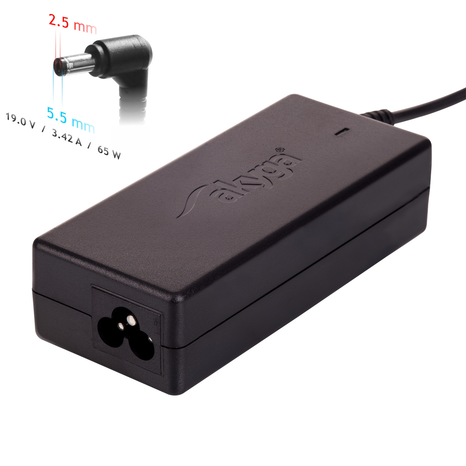 Adattatore di alimentazione nero con cavo nero e spina laterale da 2,5 mm. Specifiche: 19,0 V / 3,42 A / 65 W.