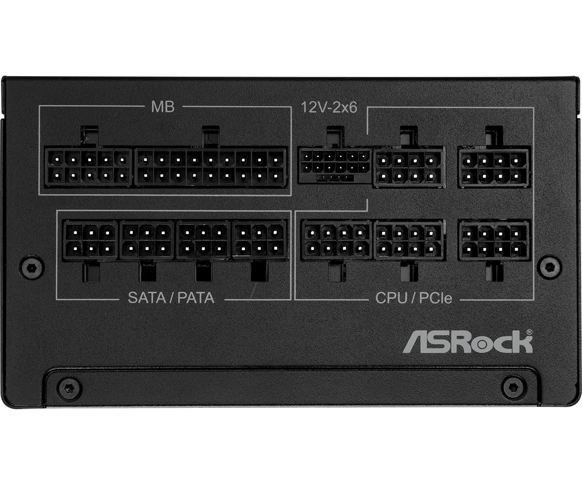 Czarny zasilacz komputerowy z wieloma złączami, opisany białym tekstem.