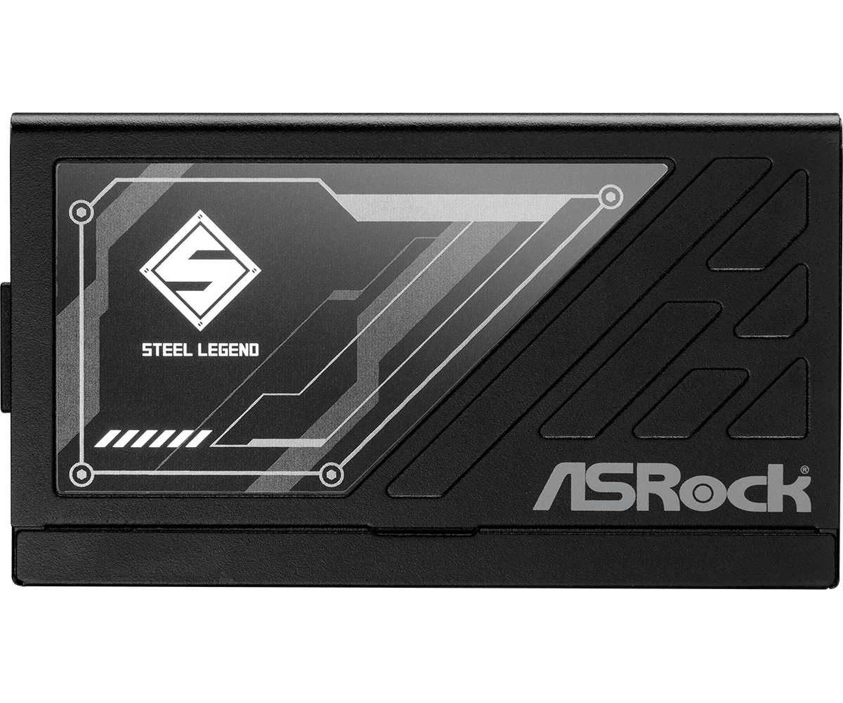 Czarny zasilacz ASROCK Steel Legend na białym tle.