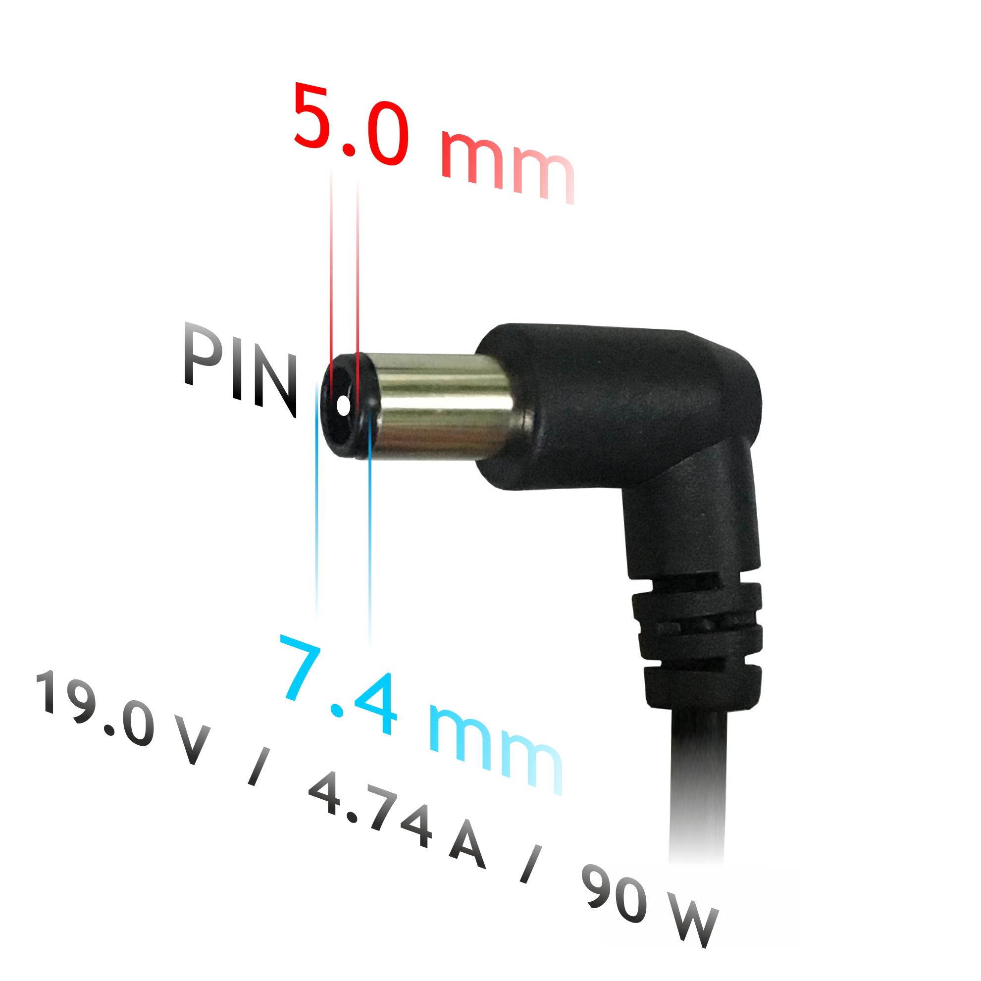 Czarna głowica ładowarki z wymiarami: pin 5,0 mm, 7,4 mm. 19,0 V / 4,74 A / 90 W.