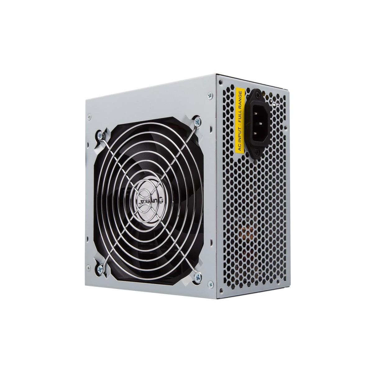 Alimentatore per computer argentato con ventola e griglia.