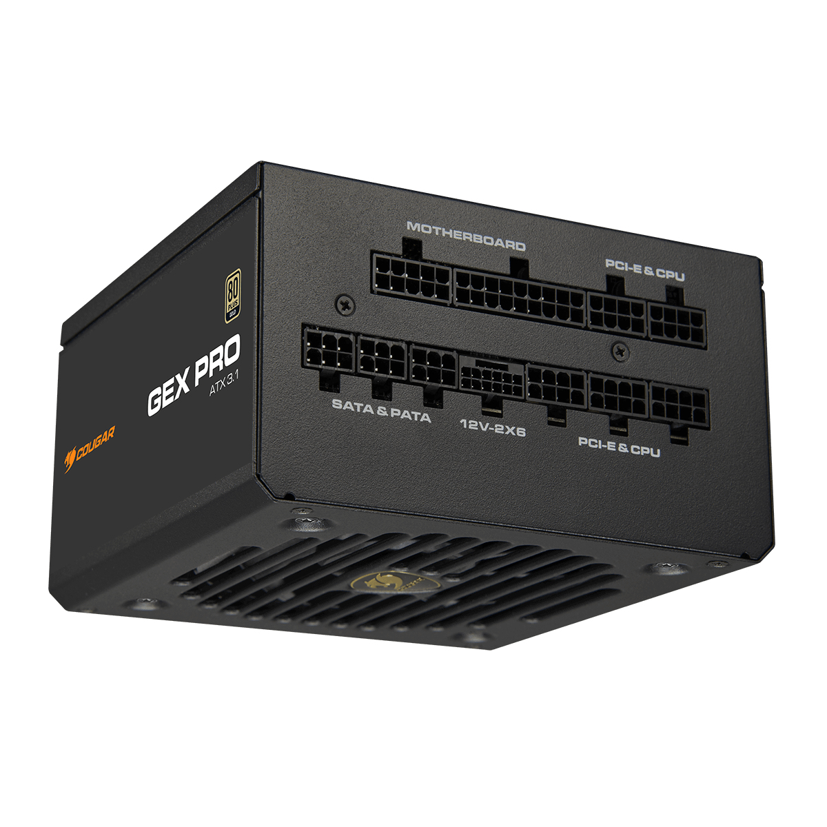 Alimentatore Cougar GEX PRO nero con connettori visibili. Vista angolata, sfondo bianco.