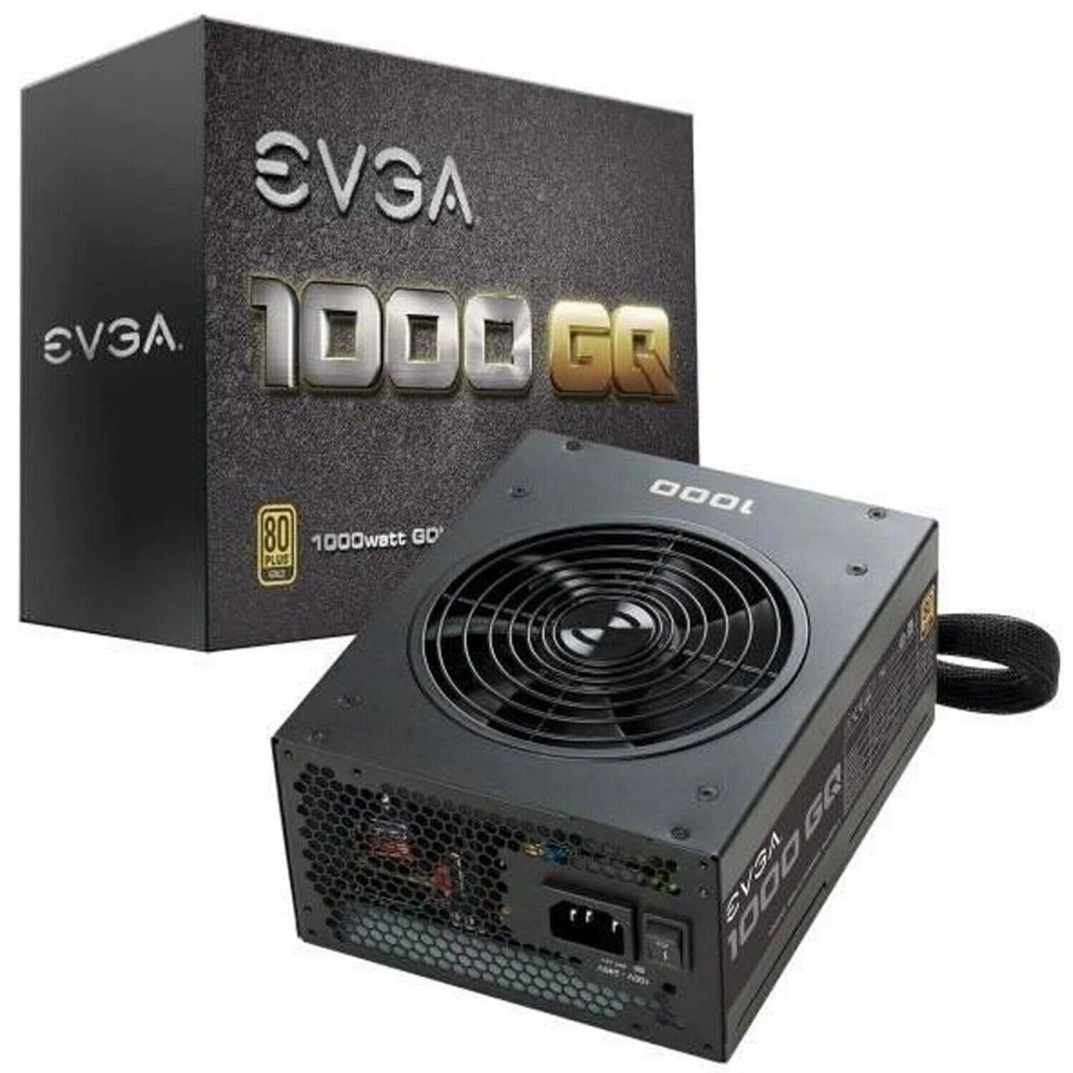Alimentatore EVGA 1000 GR con scatola. La scatola ha il logo EVGA. Alimentatore con ventola e porta.
