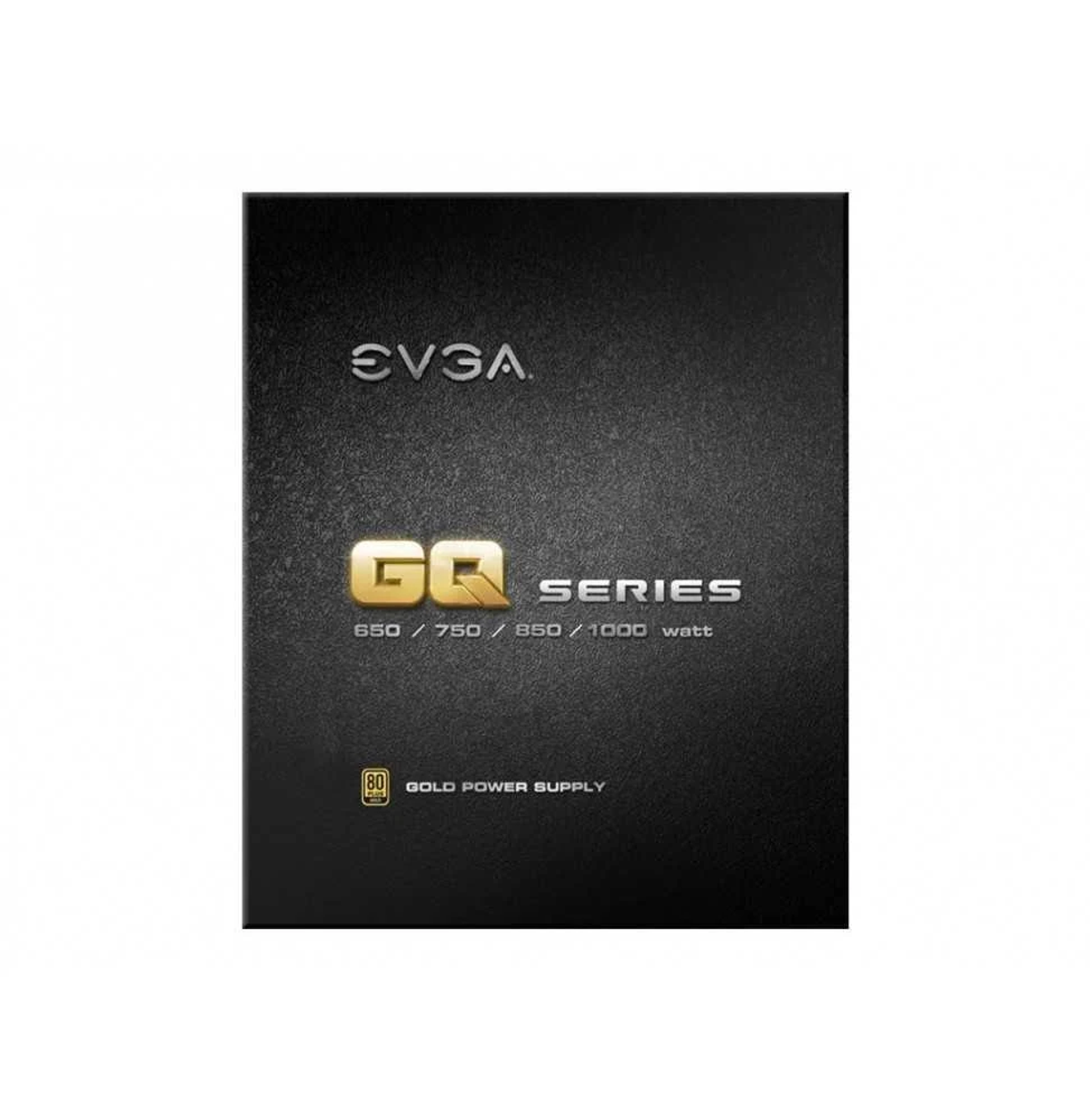 Scatola di alimentazione EVGA GQ Series nera. Sfondo bianco, vista dall'alto.