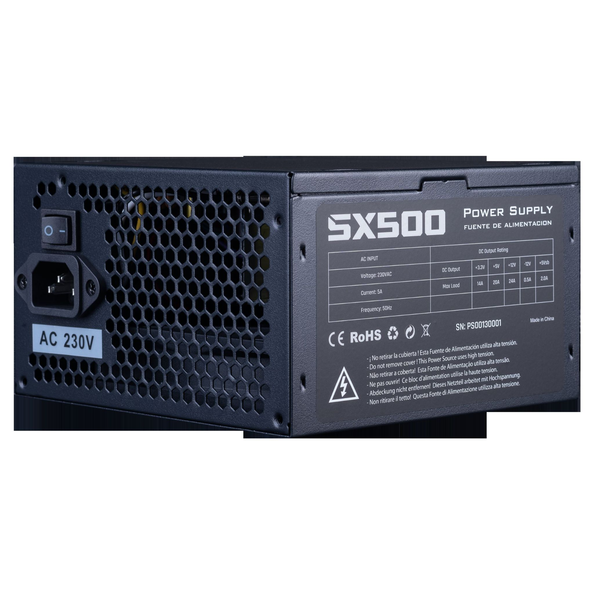 Zwarte SX500 voeding met AC-ingang en aan/uit-schakelaar. Heeft een ventilator en labels.