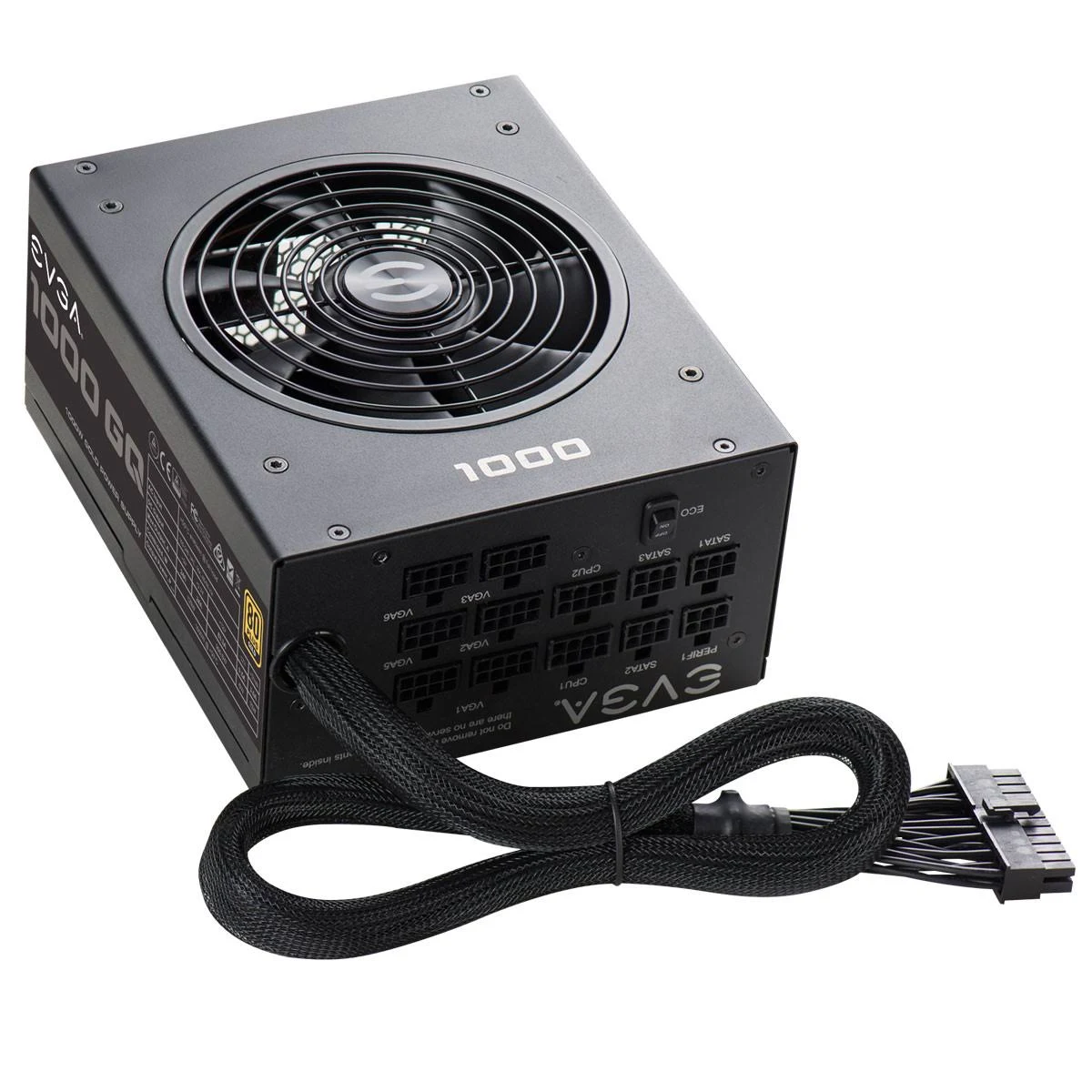 Alimentatore EVGA 1000 GQ nero. Ha ventola, cavi e connettori multipli. Il logo EVGA è visibile.