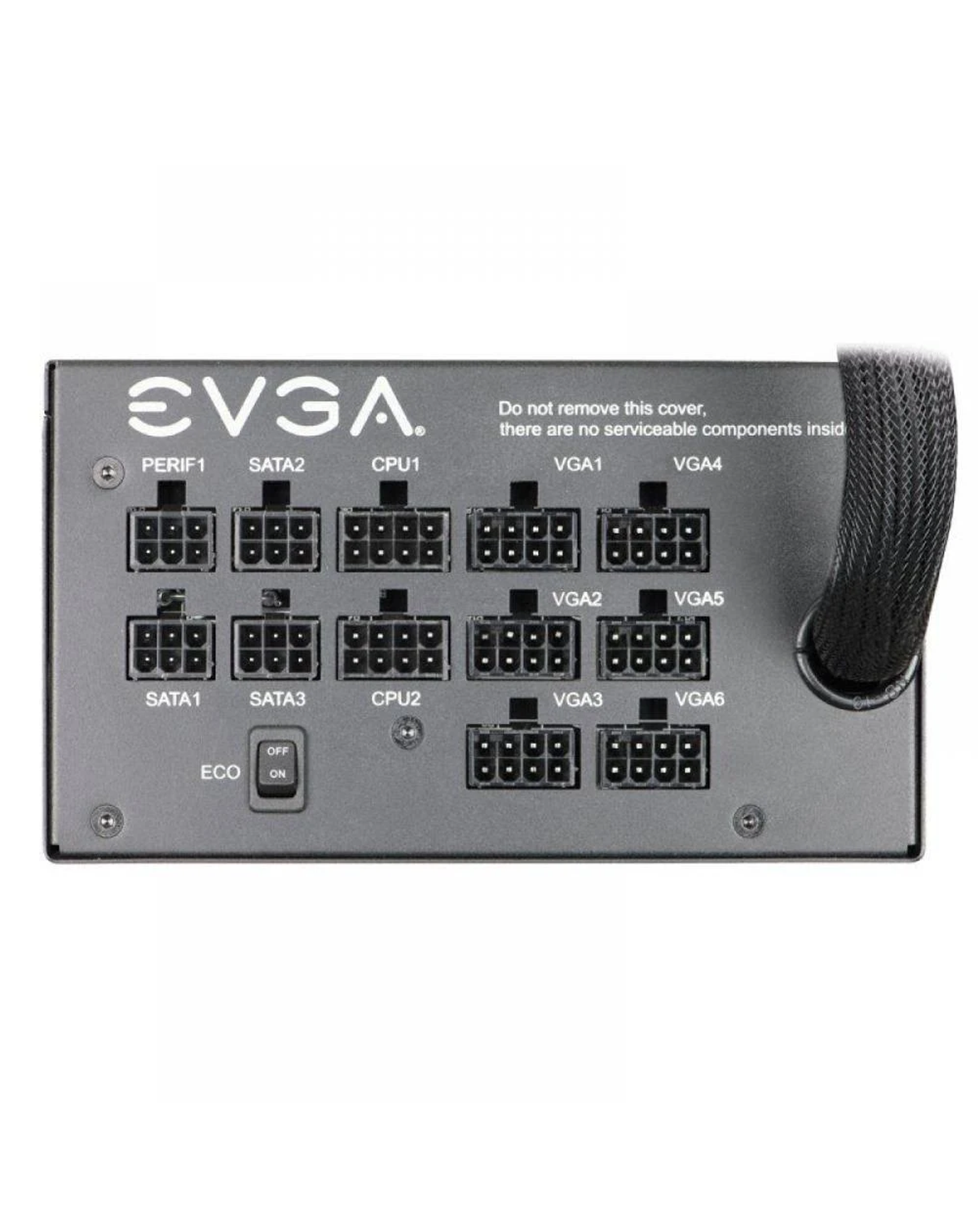 Pannello connettori alimentatore EVGA nero con varie porte. Sfondo bianco, vista dall'alto.
