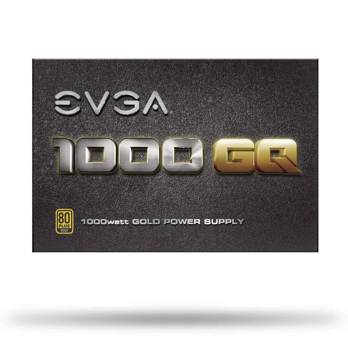 Scatola dell'alimentatore EVGA 1000 GQ nera e oro, su sfondo bianco.