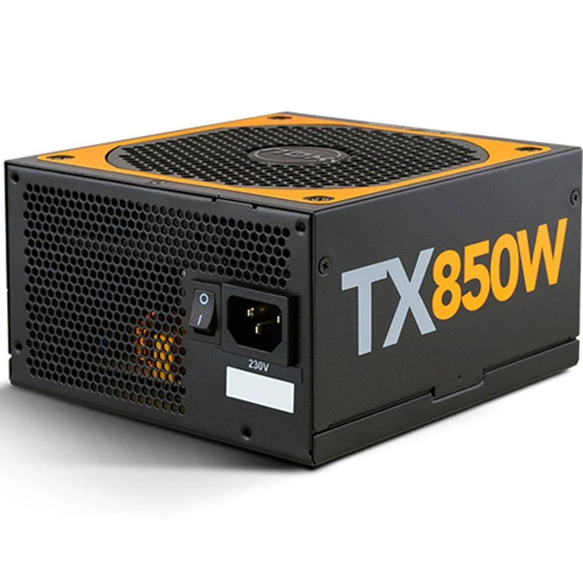 Alimentatore TX850W nero e giallo. Ha una ventola, un interruttore e un ingresso AC.