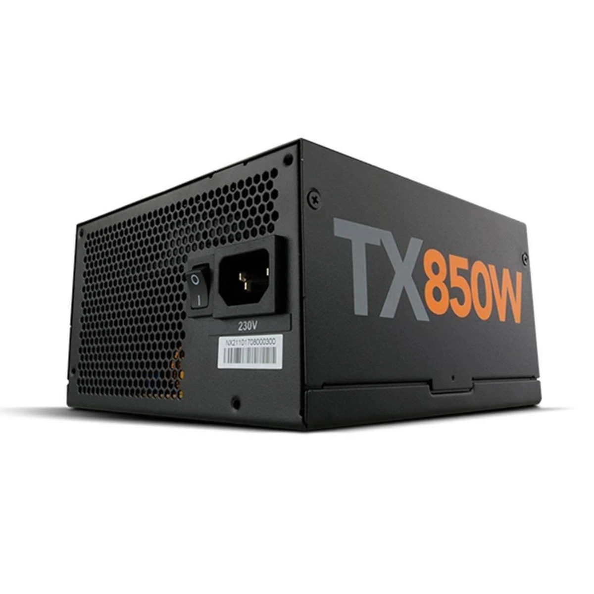 Alimentatore nero, TX850W, con interruttore e connettori visibili. Sfondo nero.