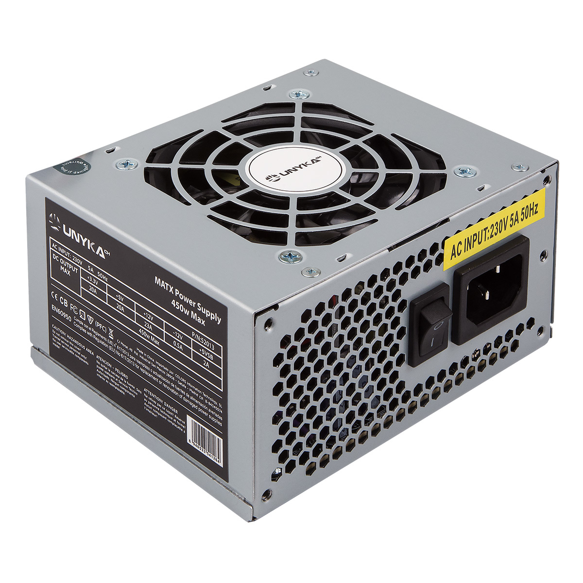 Alimentatore UNYKA MATX argentato con ventola, interruttore e etichetta. Ingresso AC visibile.