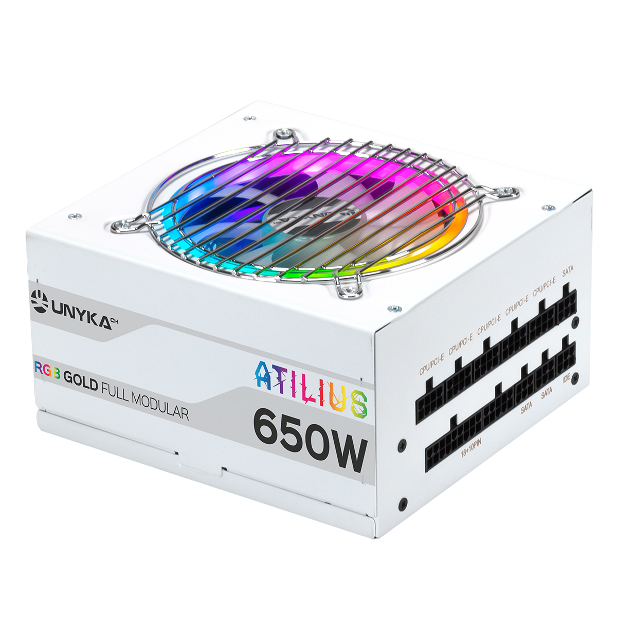 Alimentatore ATILIUS bianco, 650W, con ventola RGB, connettori modulari e porte nere laterali.