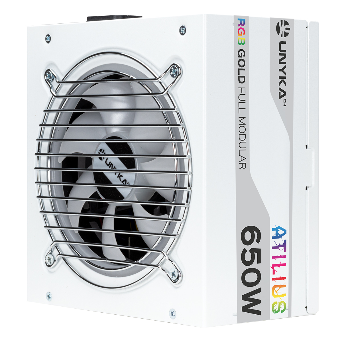 Alimentatore bianco con ventola, logo UNYKA ed etichetta 650W. Testo: RGB Gold Full Modular Atilus.