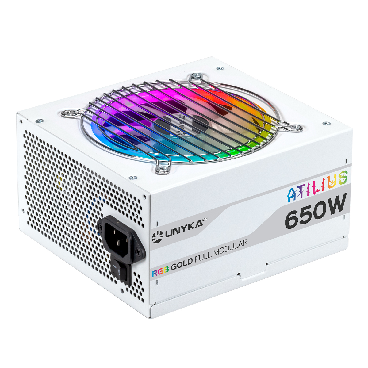 Alimentatore ATILIUS bianco con ventola RGB, 650W. Ingresso di alimentazione nero e connettori modulari.