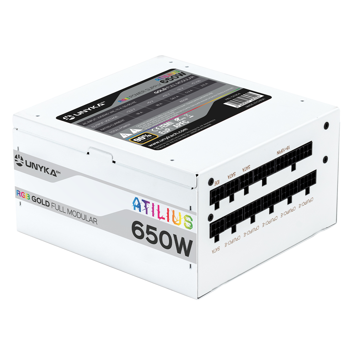 Alimentatore ATILIUS 650W bianco con connettori modulari. Connettori neri laterali ed etichetta dettagliata sopra.