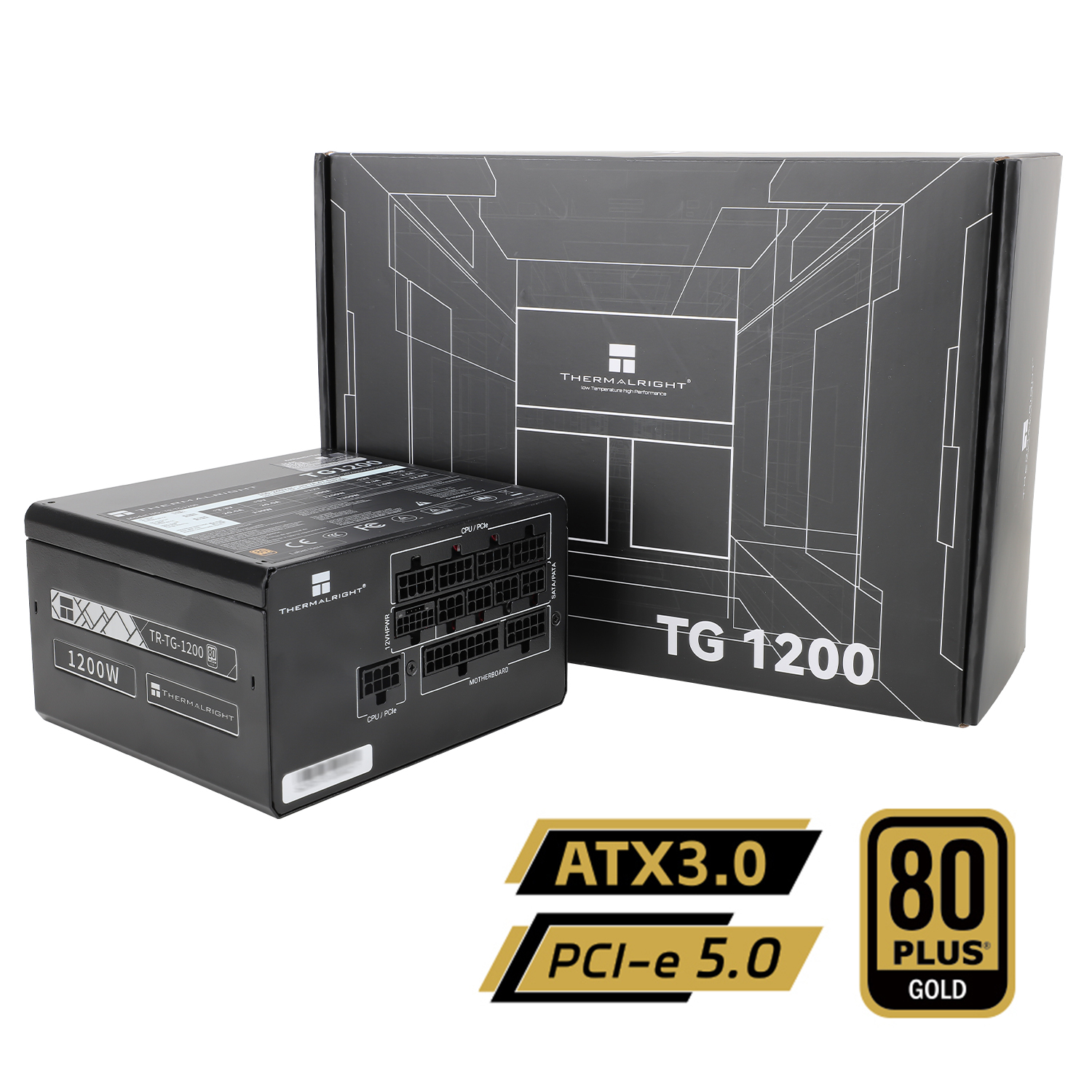 Fuente de alimentación Thermaltake TG 1200 negra con su caja. Se muestran etiquetas ATX 3.0 y PCI-e 5.0.