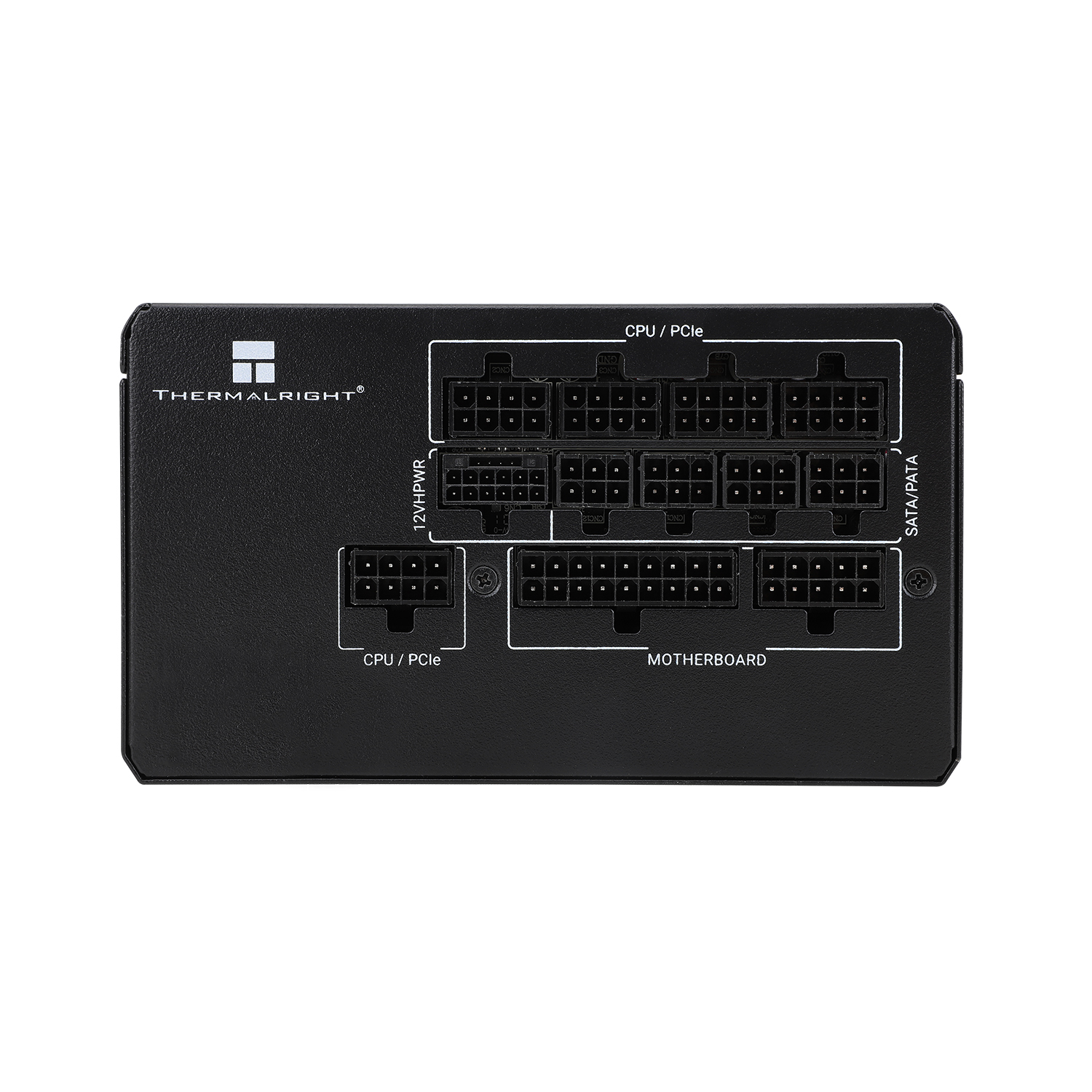 Retro alimentatore PC nero con varie porte. L'etichetta è 'THERMALRIGHT'.