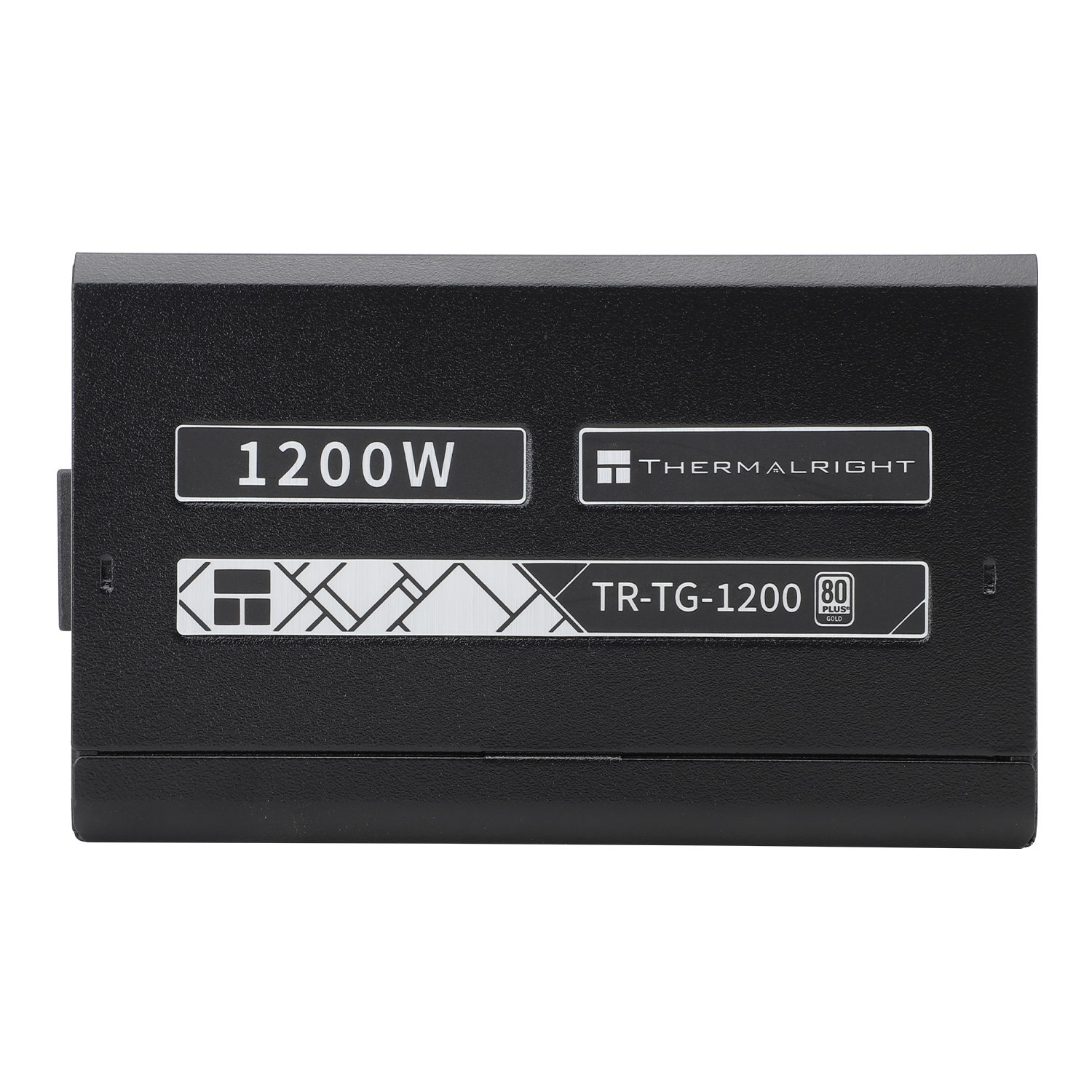 Fuente de alimentación Thermalright negra, 1200W.  Logo de la marca y especificaciones. Fondo blanco.