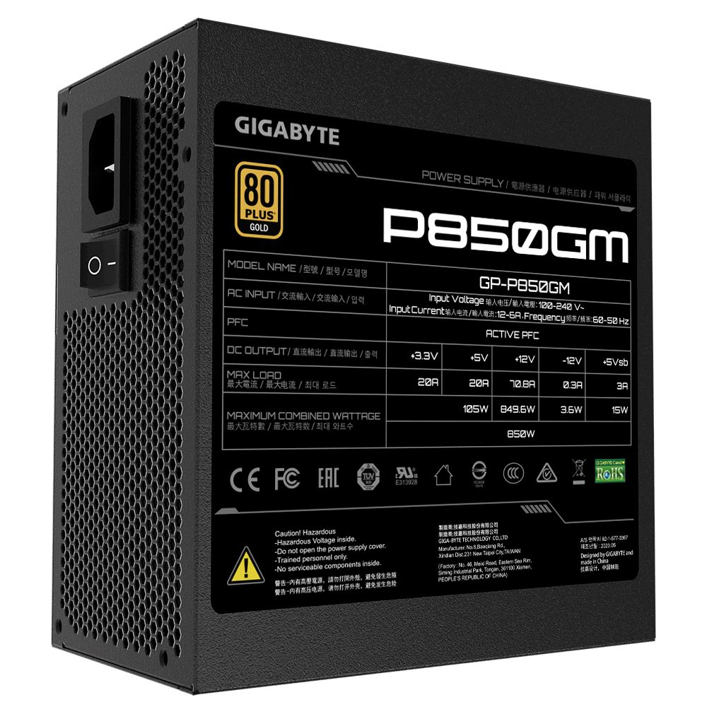 Czarny zasilacz Gigabyte P850GM. Posiada logo 80 Plus Gold, specyfikacje i złącza. Białe tło.