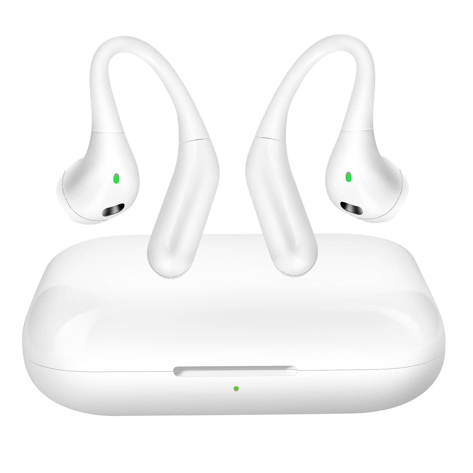 Auricolari bianchi con custodia di ricarica. Luci indicatrici verdi. Sfondo bianco.