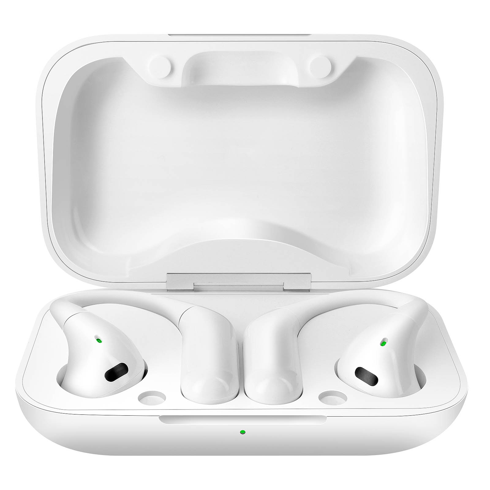 Auricolari wireless bianchi in una custodia di ricarica bianca aperta, su sfondo bianco.