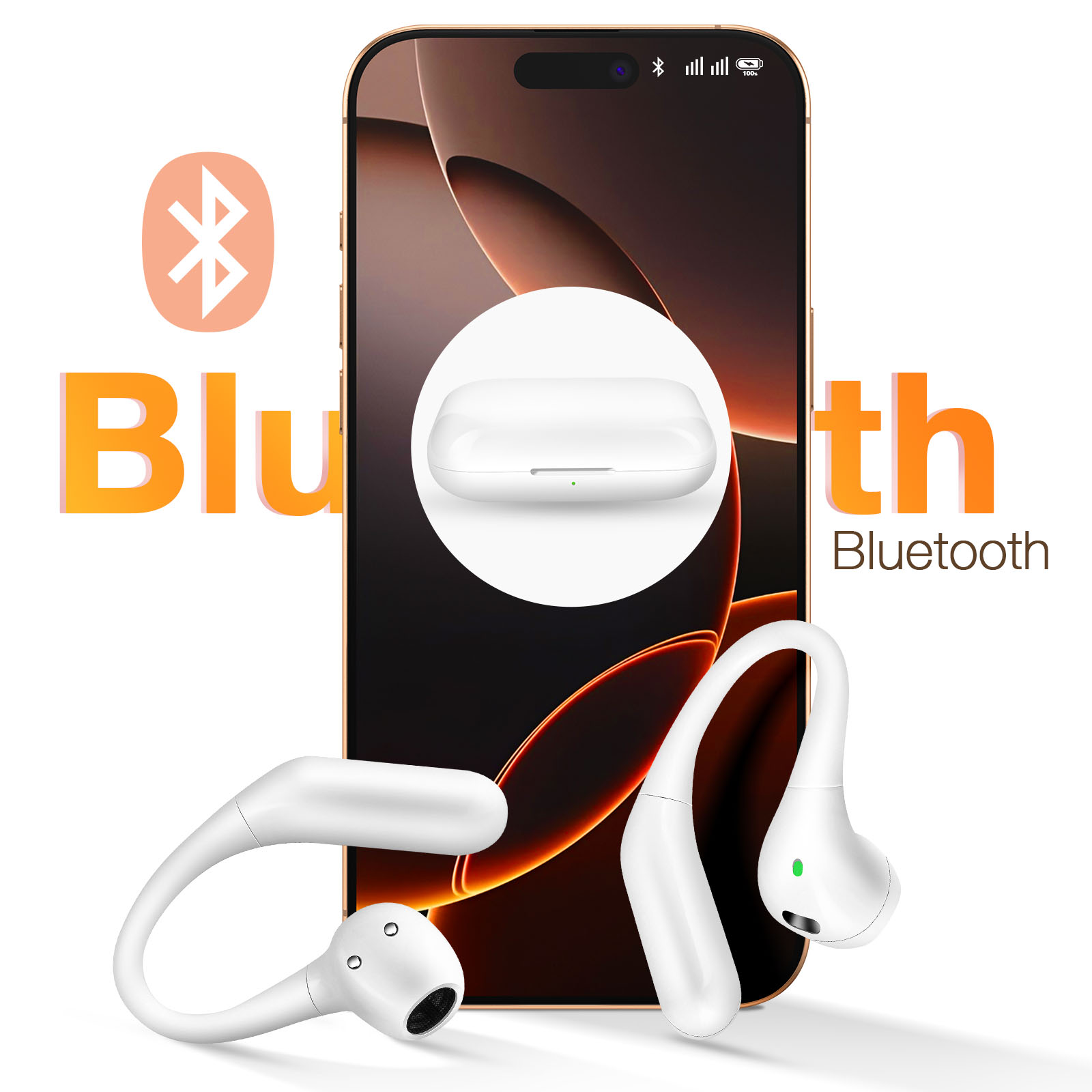 L'immagine mostra auricolari wireless bianchi, una custodia di ricarica e un telefono con Bluetooth.