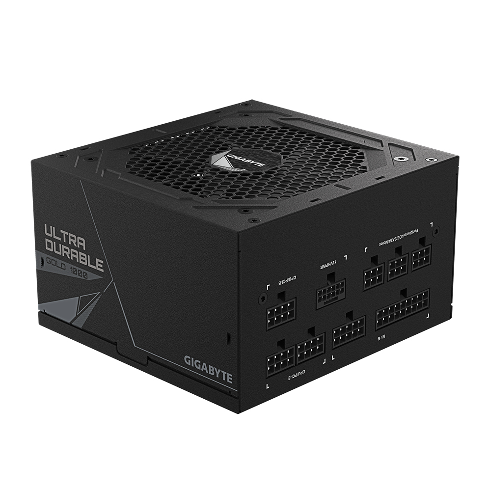 Alimentatore Gigabyte Ultra Durable Gold nero. Con ventola, porte e marchio Gigabyte.