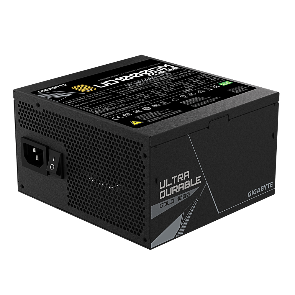 Alimentatore Gigabyte nero. Caratteristiche: interruttore di alimentazione, ingresso e etichetta Ultra Durable Gold.