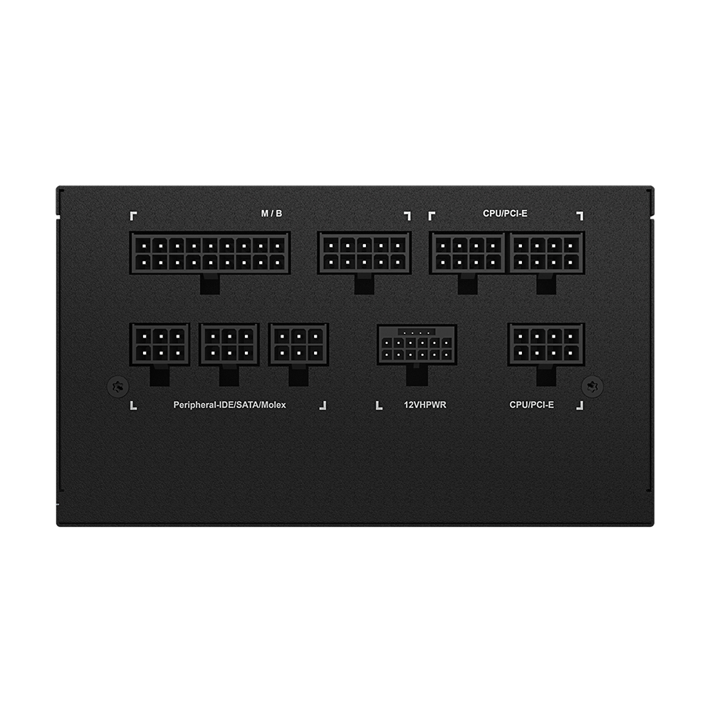 Primo piano del pannello connettori di un alimentatore nero, con varie porte tra cui M/B e CPU/PCI-E.