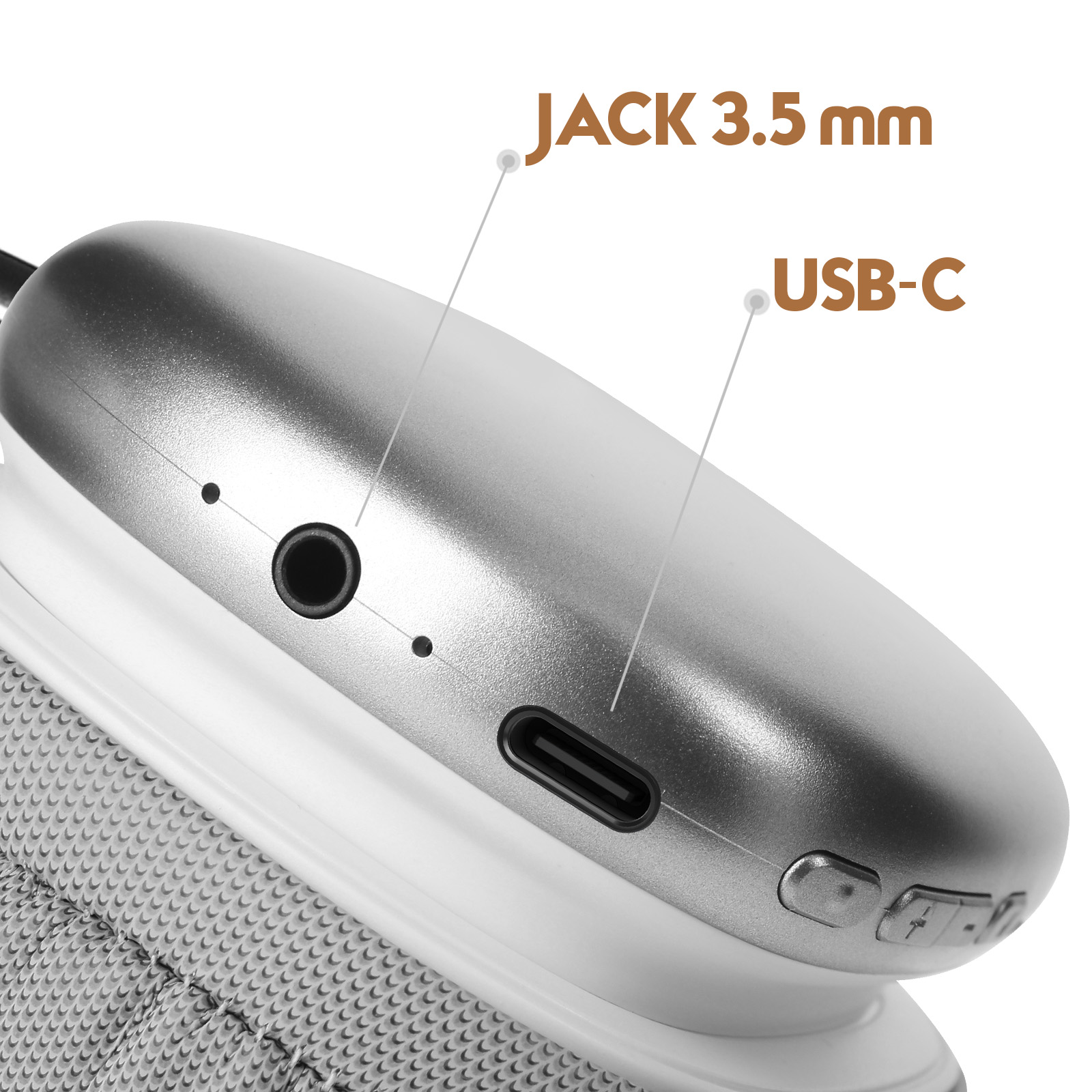 Nahaufnahme des Anschlussbereichs silberner Kopfhörer, beschriftet: Jack 3,5 mm, USB-C.