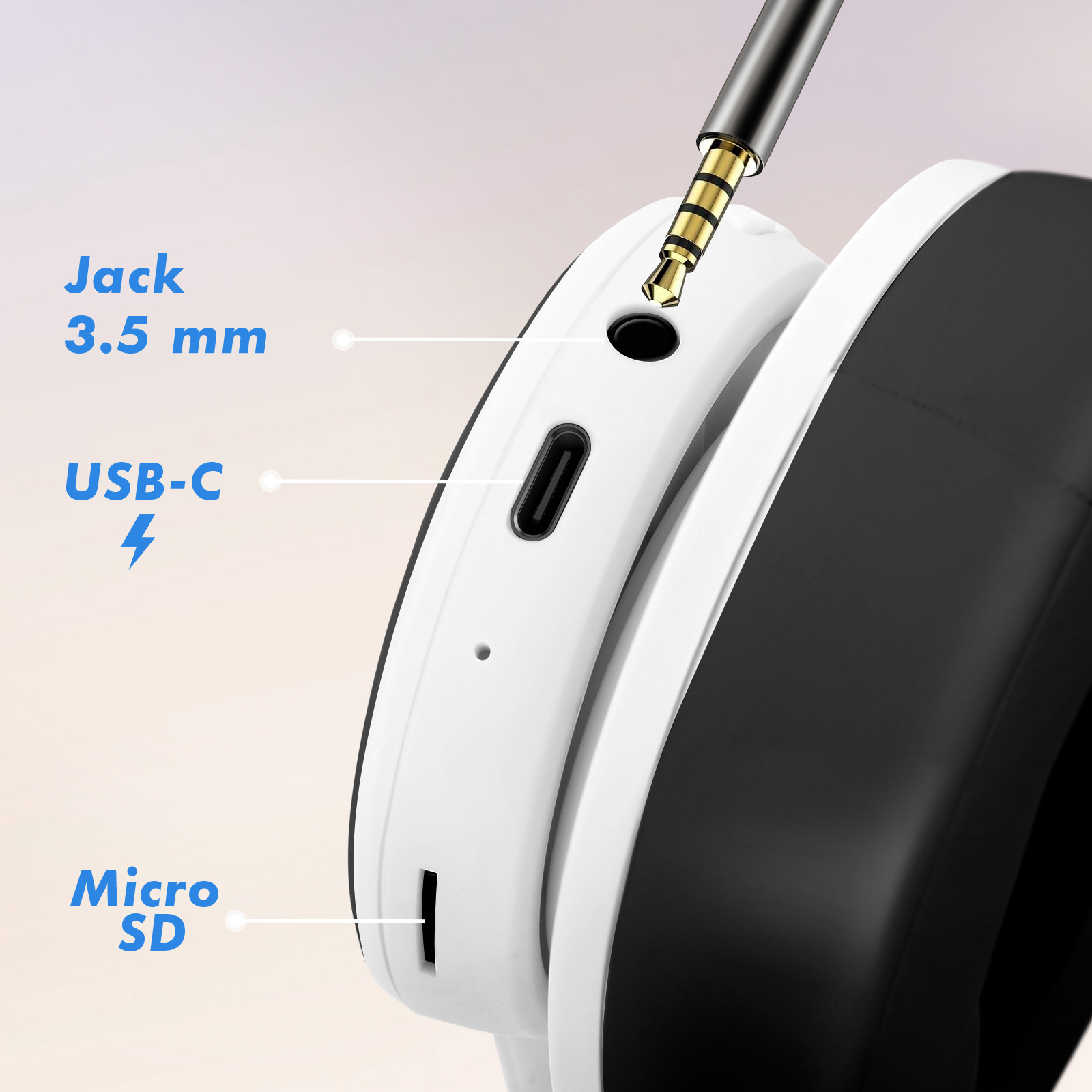 Nahaufnahme von weißen Kopfhörern, mit beschrifteten Anschlüssen: 3,5-mm-Klinke, USB-C und Micro-SD.