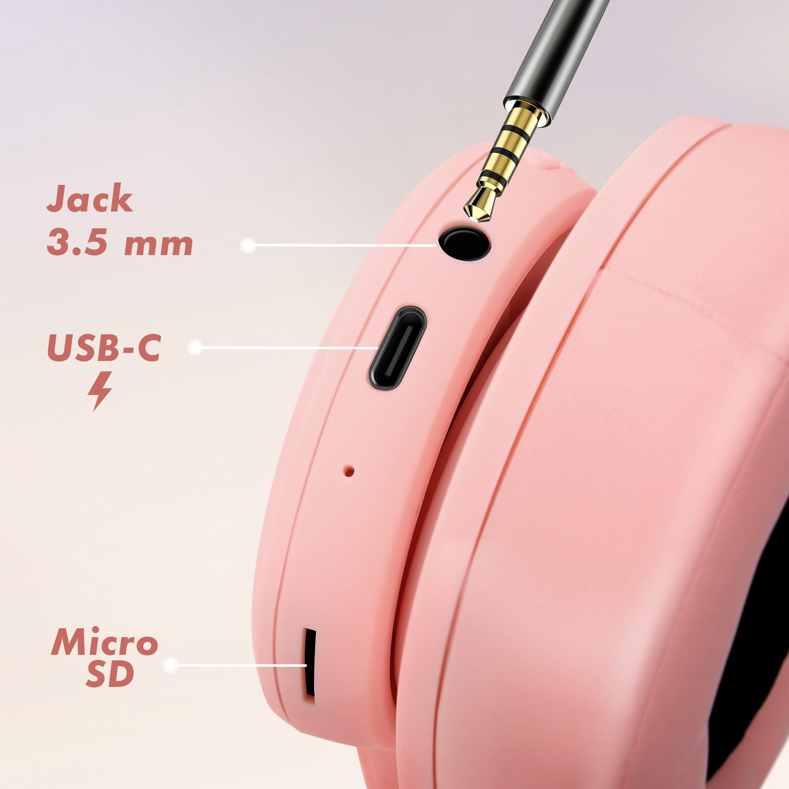 Rosa Kopfhörer mit Anschlüssen: Klinke, USB-C und Micro-SD.