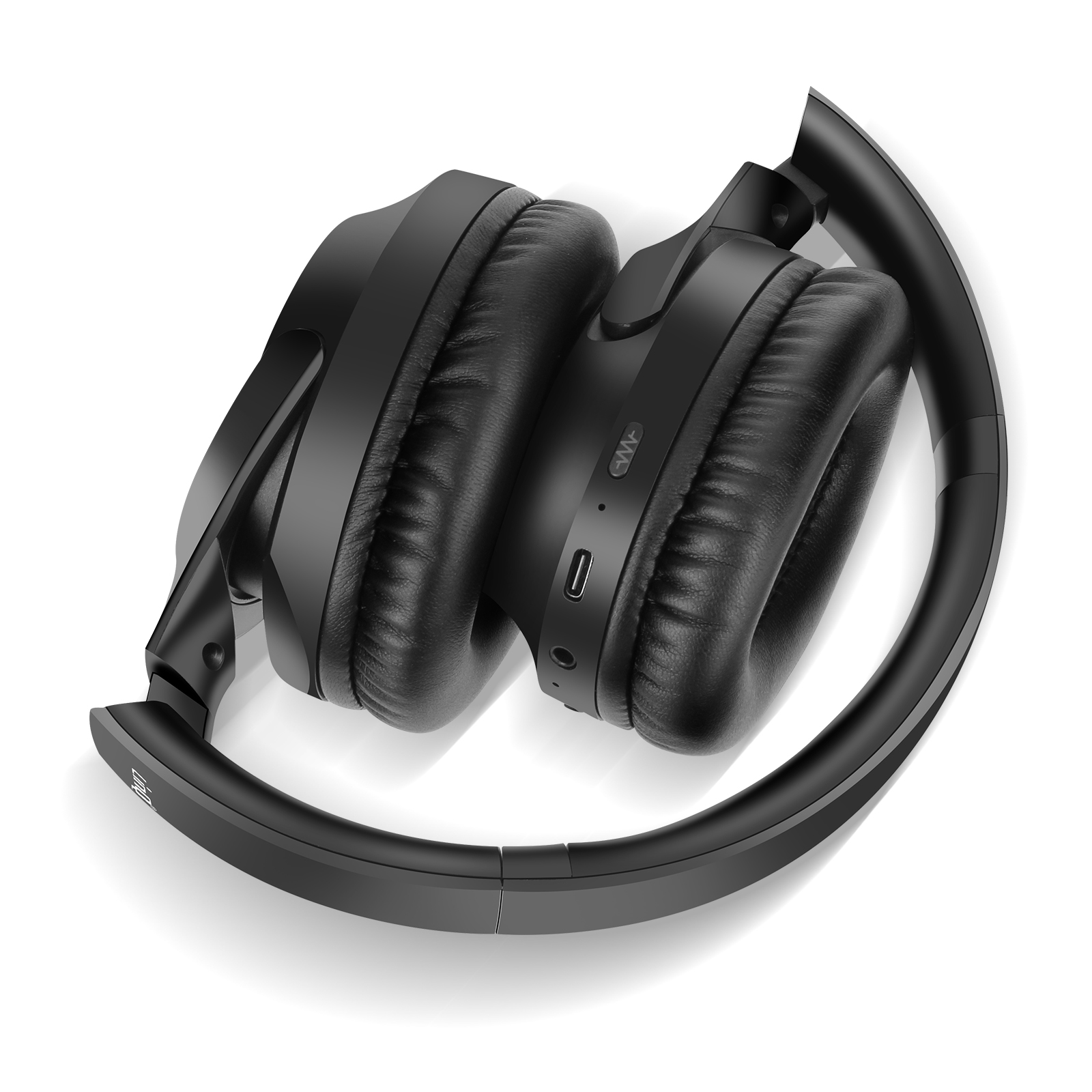 Casque noir plié. Type supra-aural. Fond blanc.