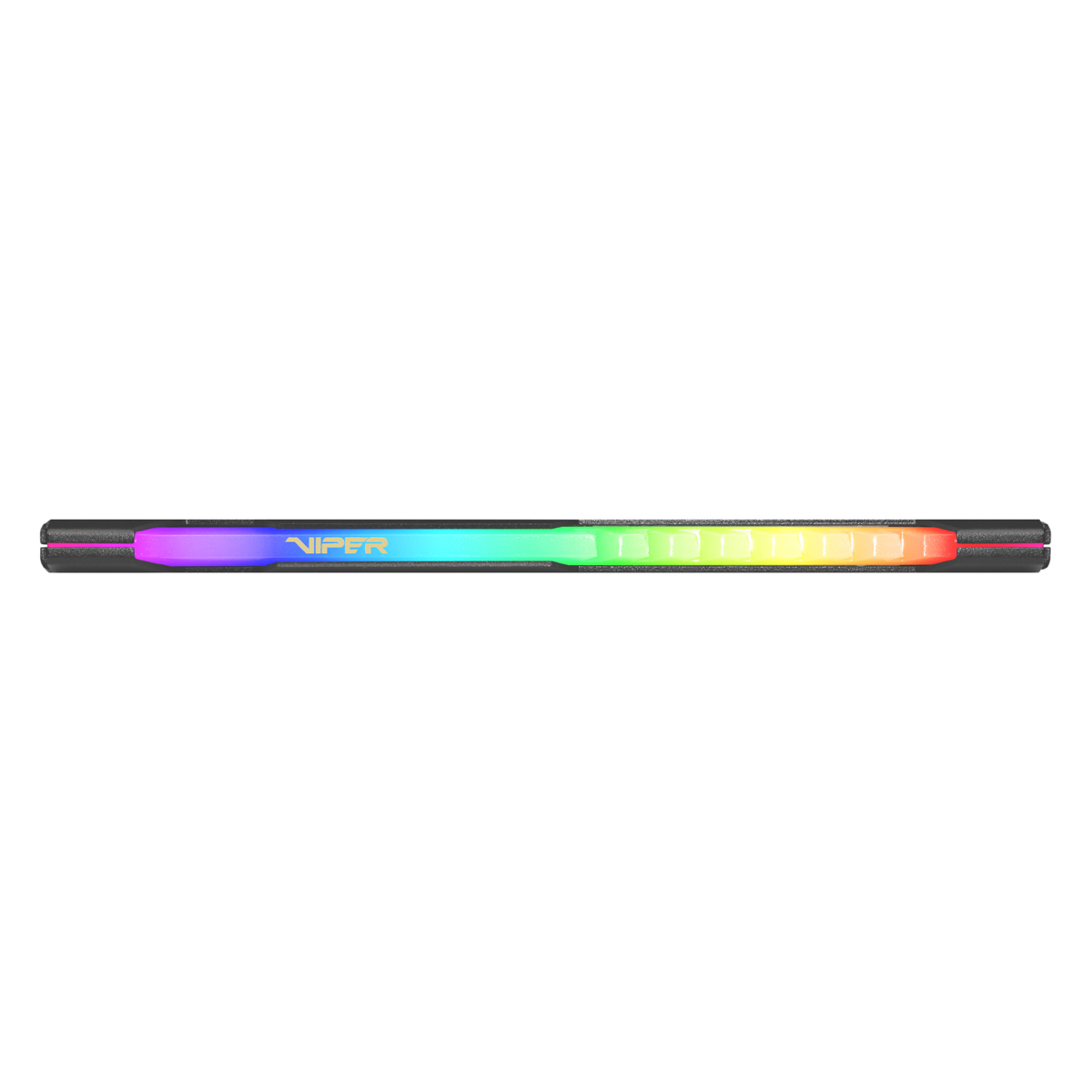 Modulo RAM Viper nero, vista dall'alto. Striscia LED arcobaleno, sfondo nero. Logo Viper visibile.