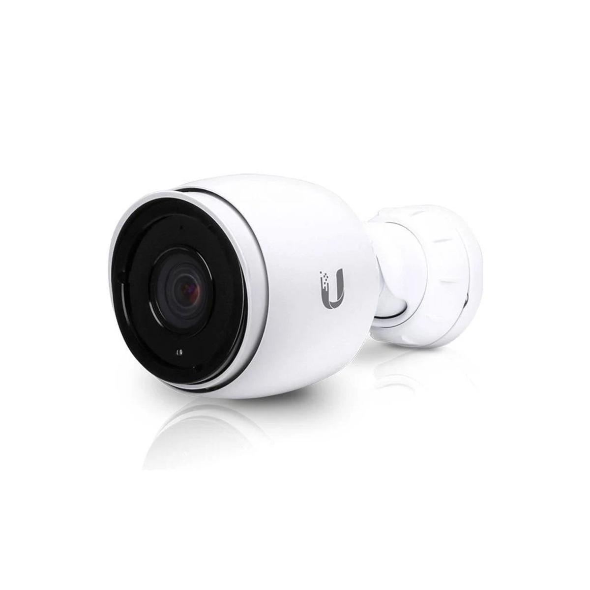 Biała kamera bezpieczeństwa z czarnym obiektywem, logo U, na białym tle.