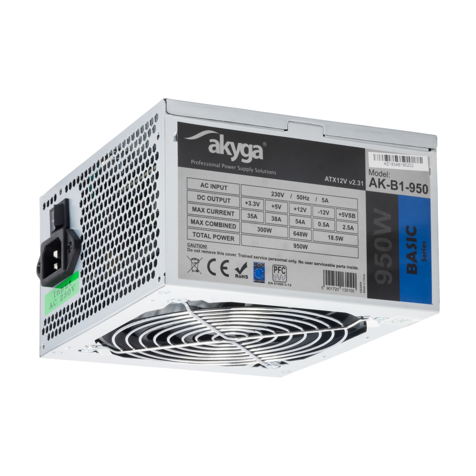 Alimentatore Akyga 950W, case argentato, ventola e connettori visibili.