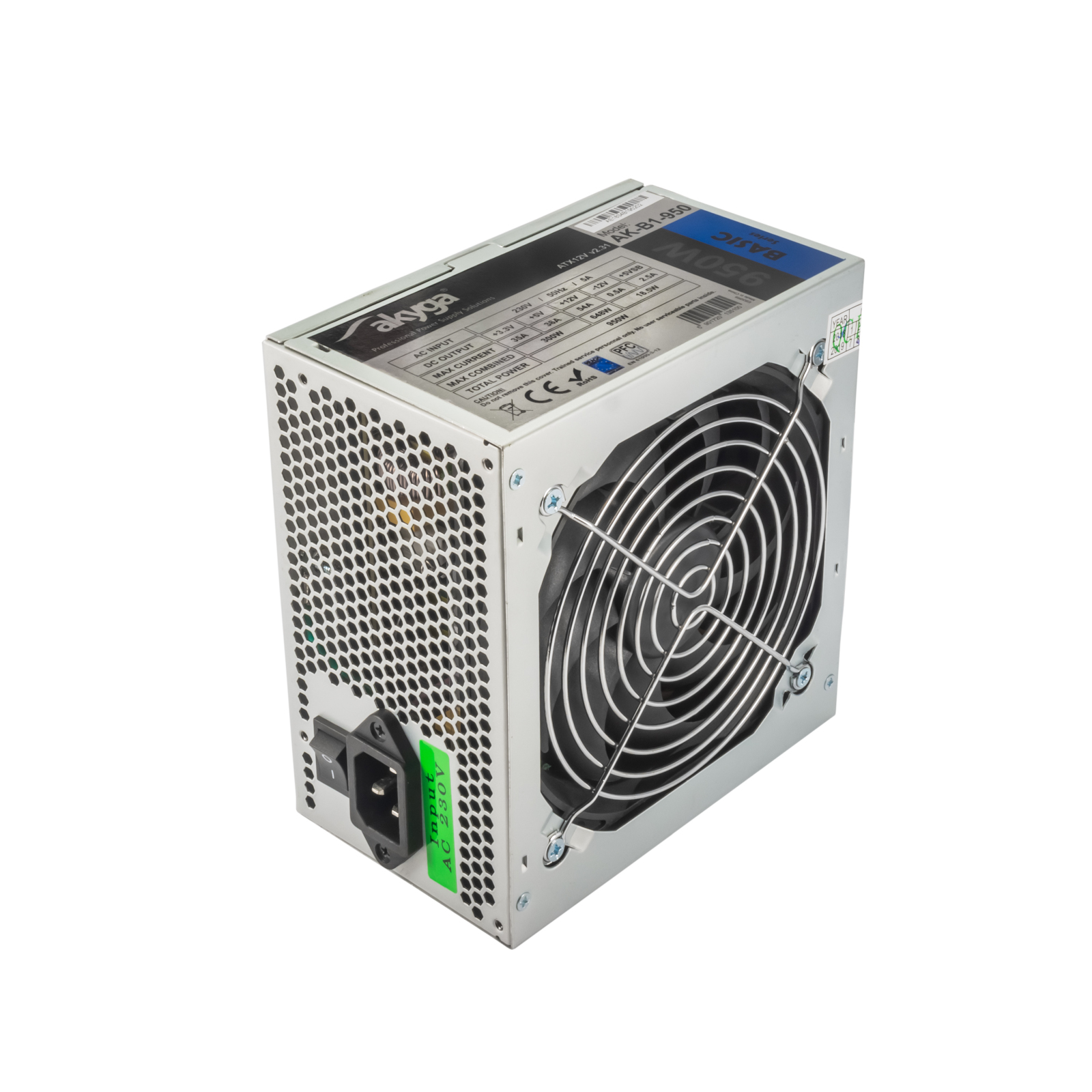 Alimentatore Akyga AK-B1-B500 argento e nero. Con ventola ed etichetta.