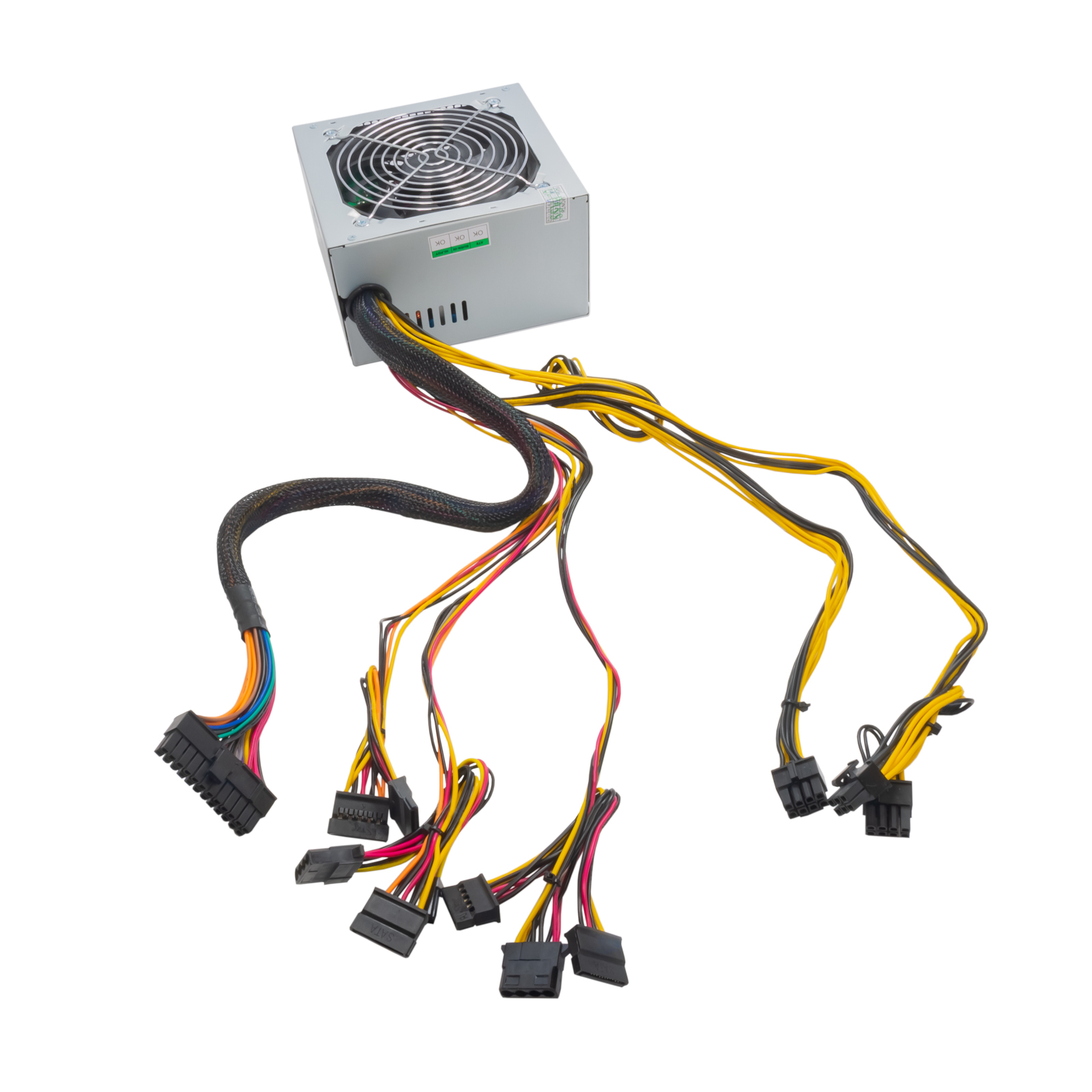 Alimentatore con più cavi e connettori colorati. L'unità è argentata, i cavi sono di vari colori.