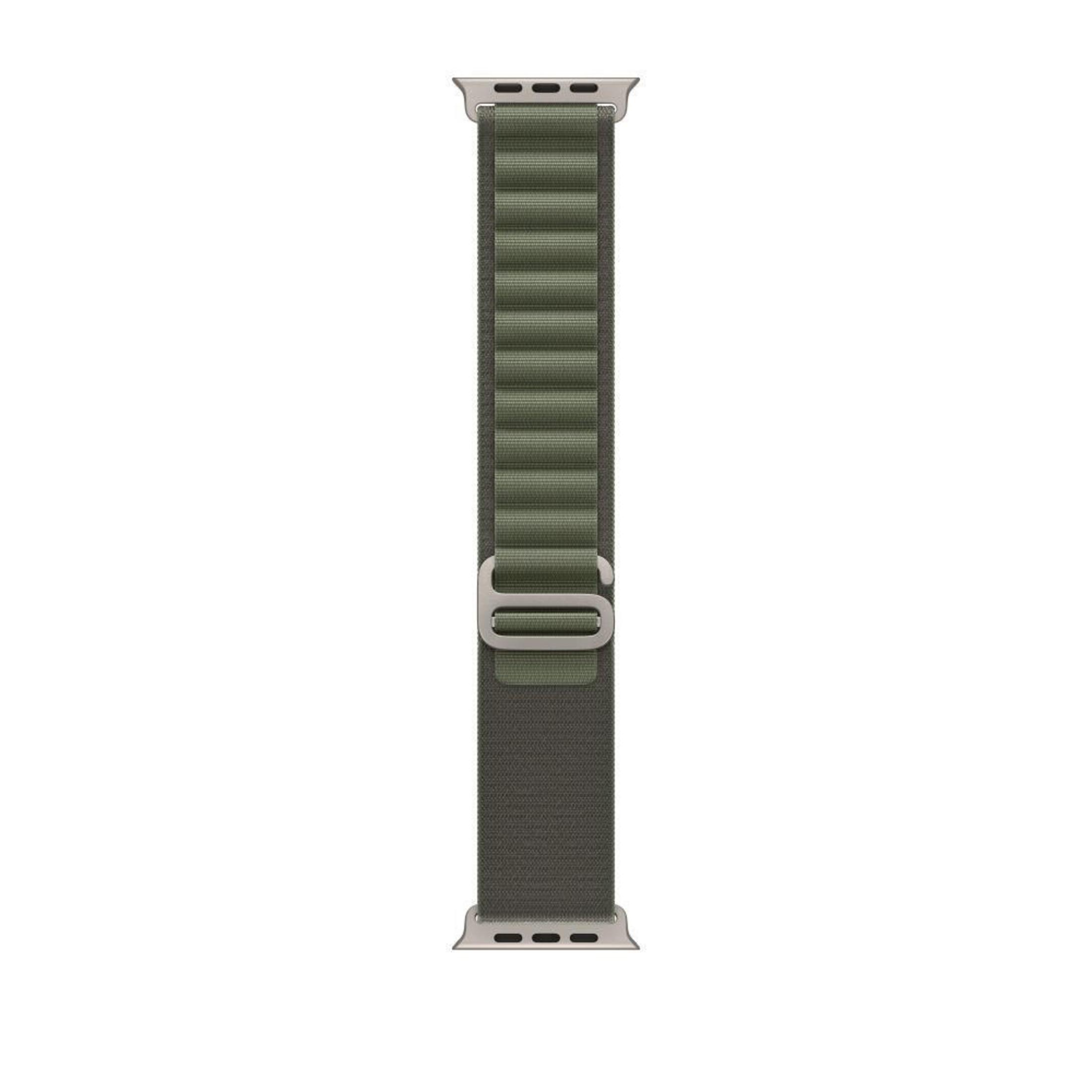 Olive green and silver Apple Watch Ultra strap. The strap is long and has a buckle.
