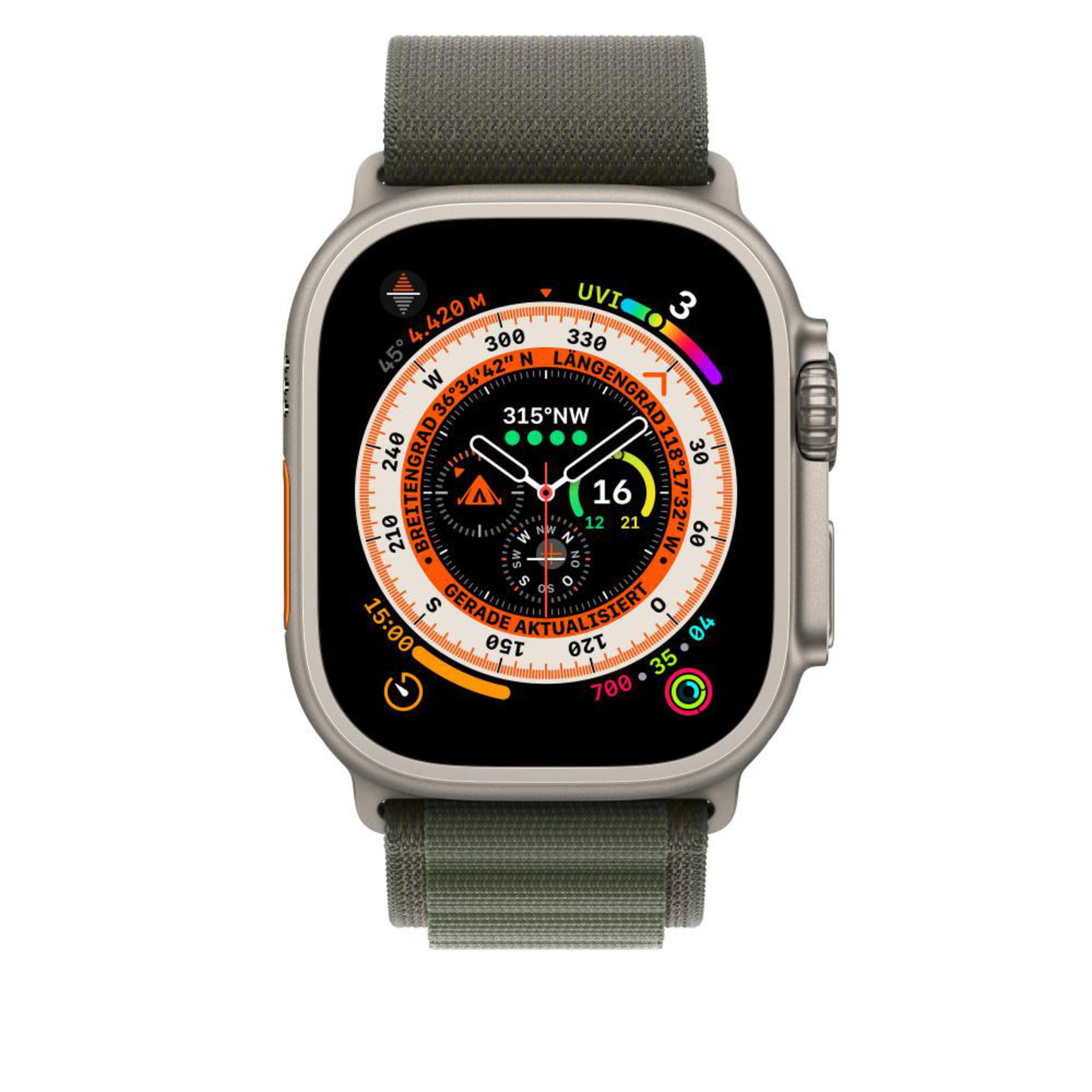 A silver smartwatch with a green strap, displaying a colorful interface with various data.
