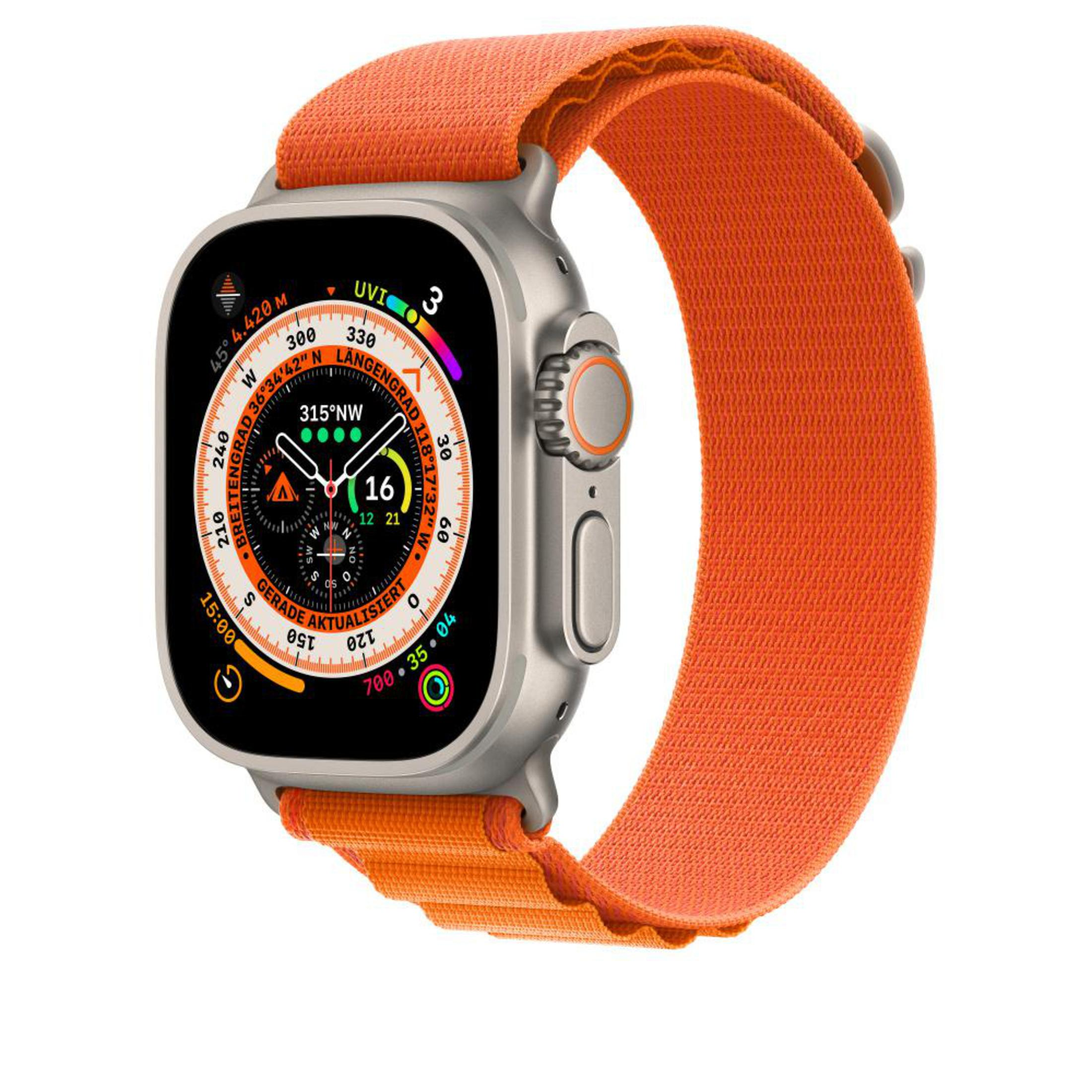 Apple Watch Ultra met een oranje band, toont de tijd en diverse statistieken.