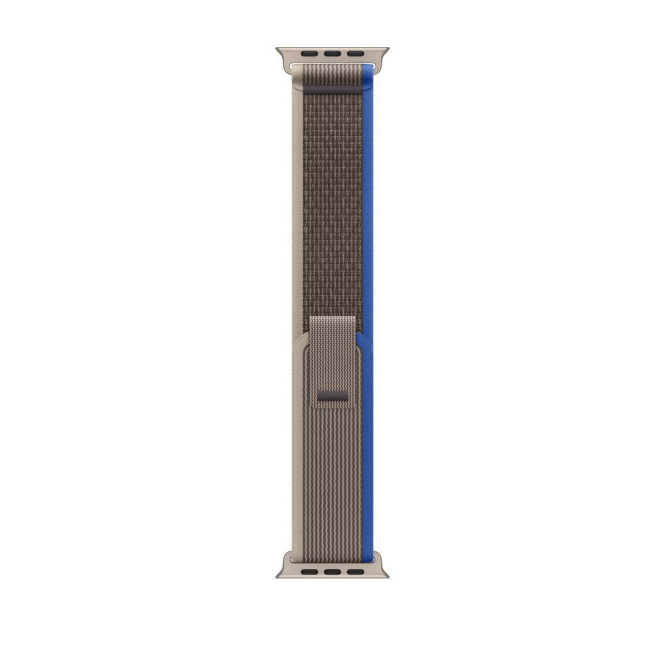 Apple Watch band. The band is grey and brown in color and blue in the center.