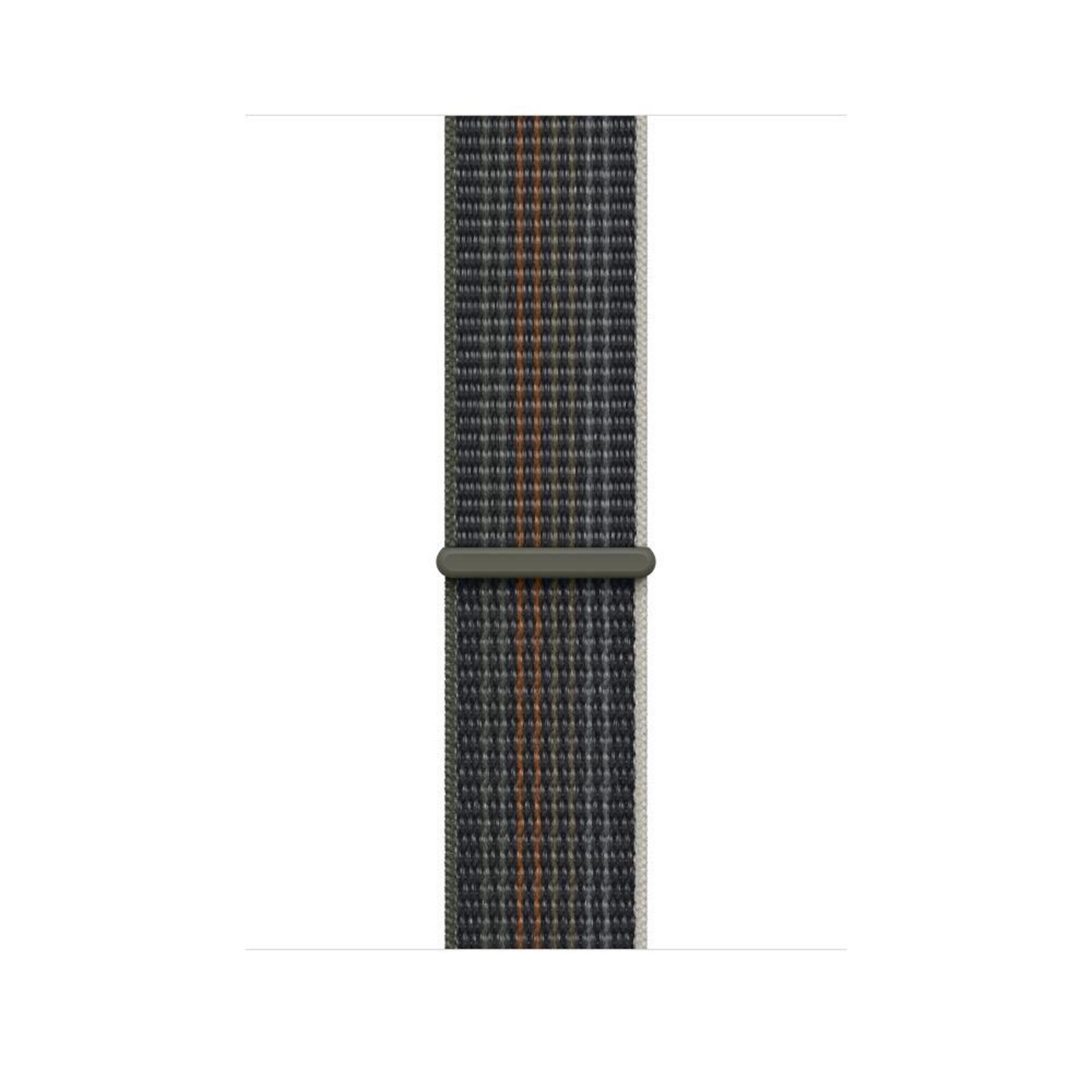 Close-up of a watch band with a striped pattern in gray, orange, and brown.