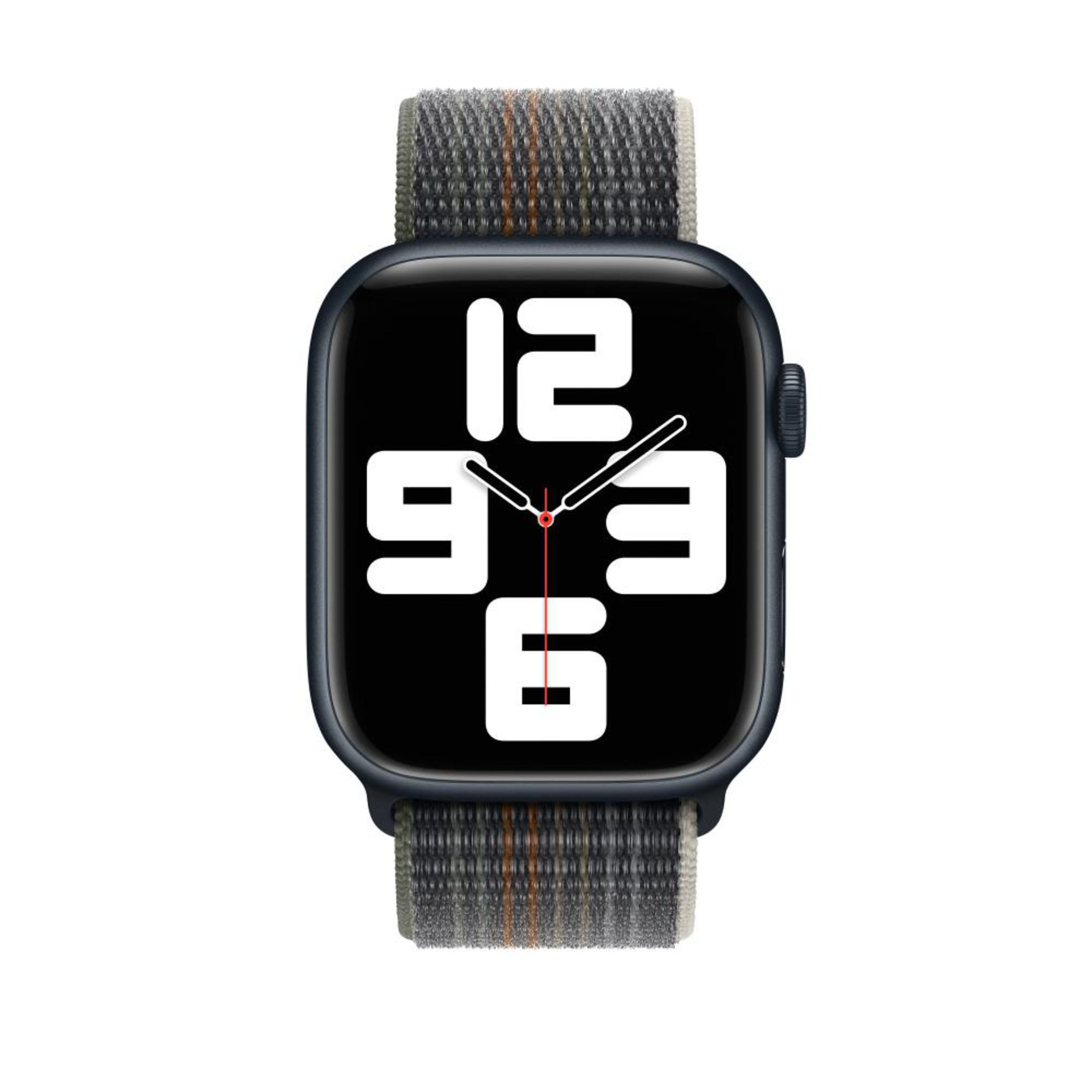 Smartwatch with the time 9:13 and a striped strap in gray, orange, and brown.