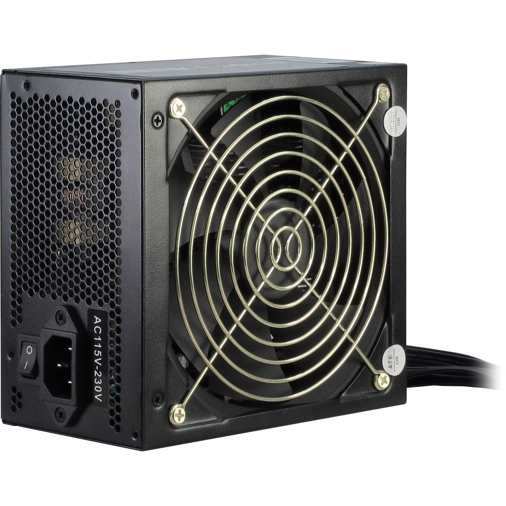 Alimentatore nero con ventola dorata. L'etichetta indica AC 115V-230V.