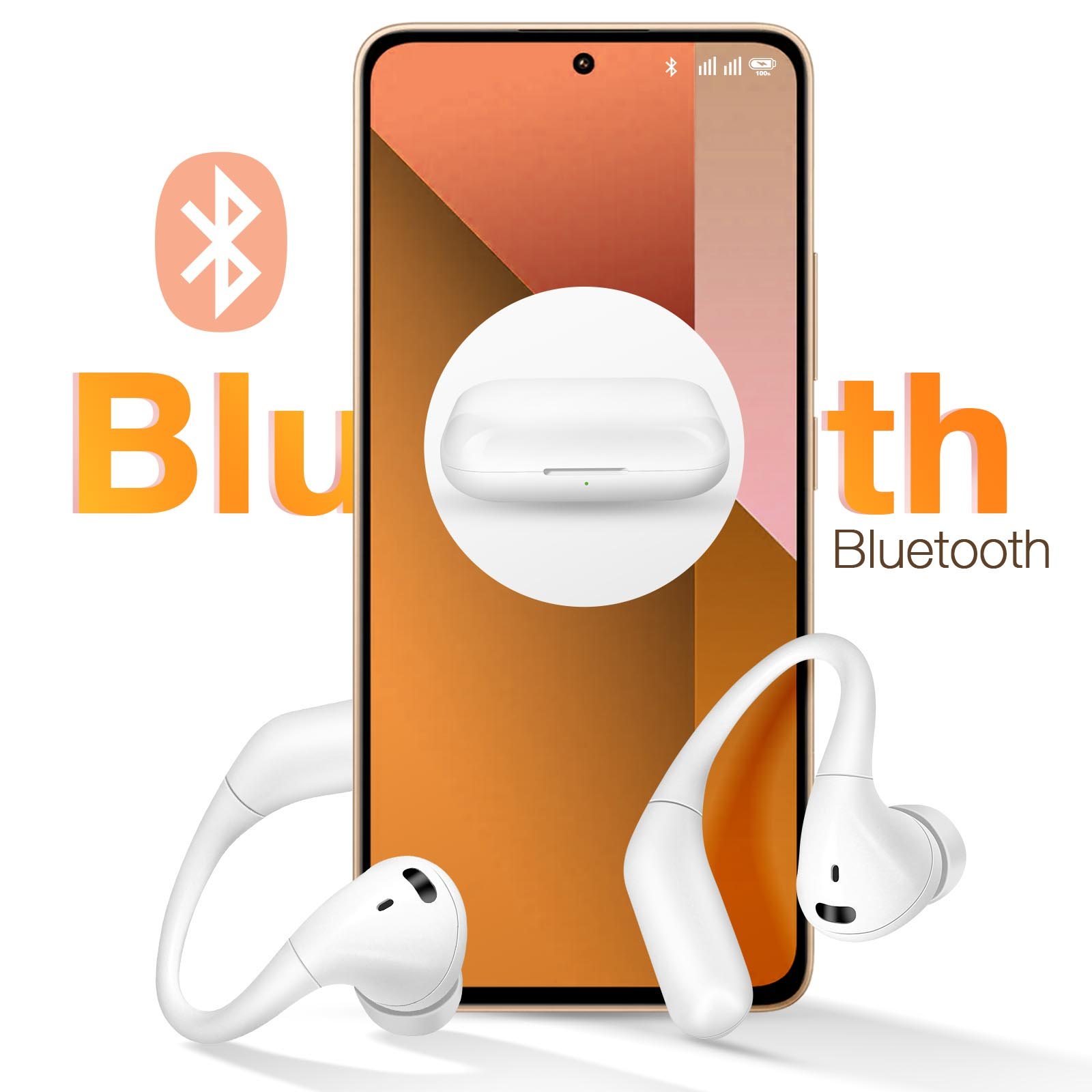 Auricolari e custodia bianchi, visualizzati con un telefono e testo Bluetooth.