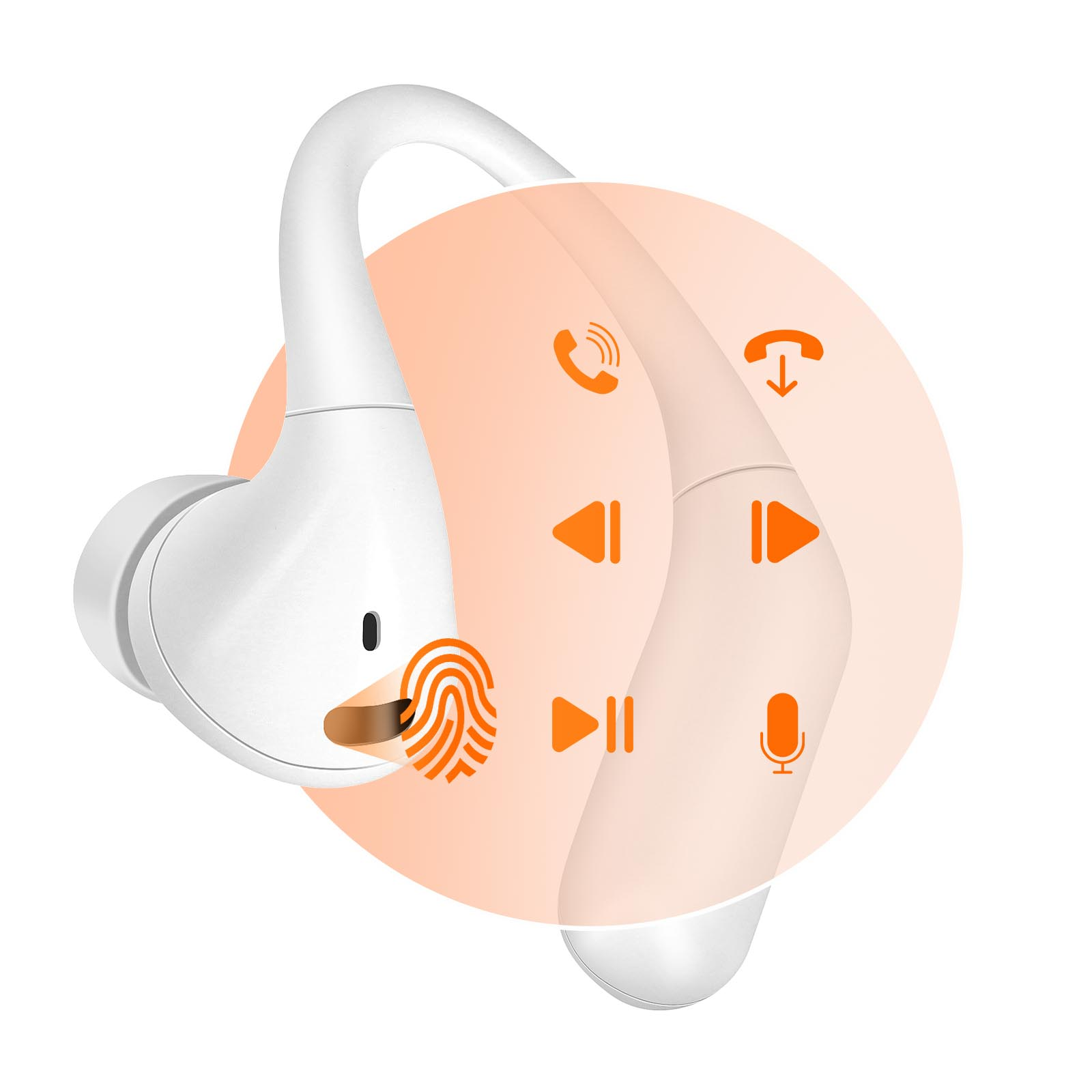 Auricolare bianco con un cerchio arancione che mostra icone di chiamata, riproduzione/pausa e altri controlli.