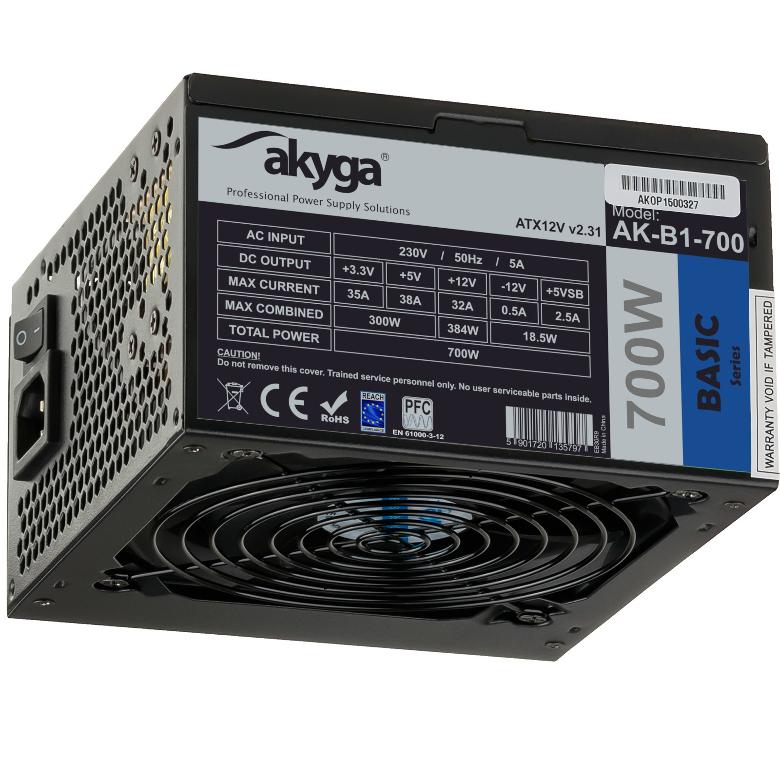Alimentatore Akyga 700W nero con ventola ed etichetta delle specifiche. L'unità è su una superficie bianca.