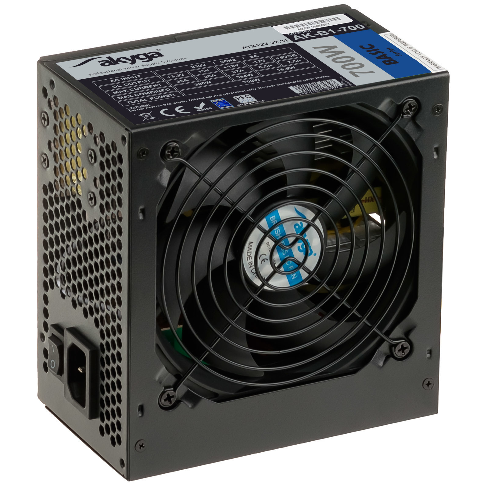 Alimentatore Akyga 700W nero con ventola ed etichetta delle specifiche. L'unità è su una superficie bianca.