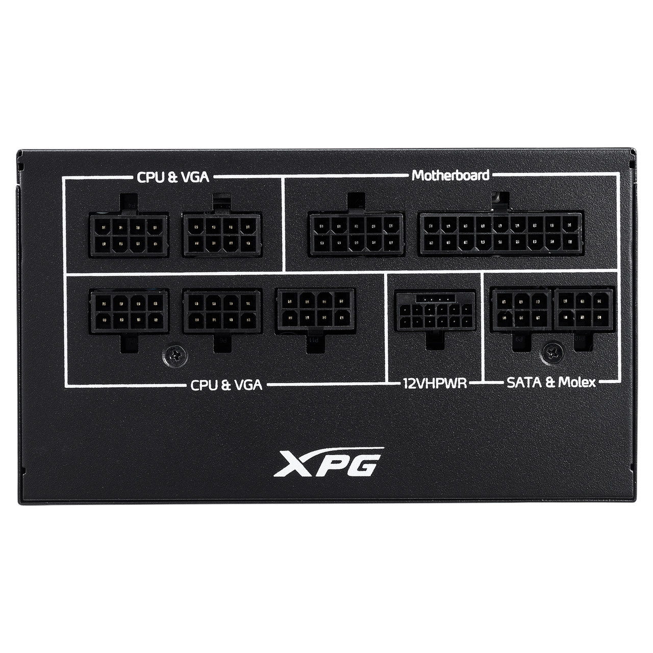 Black power supply connector panel with ports labeled for CPU, VGA, motherboard, etc.